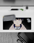 28x12 inches anime mouse pad in deep navy and pale lavender tones, calm serious vibe, cozy hoodie.