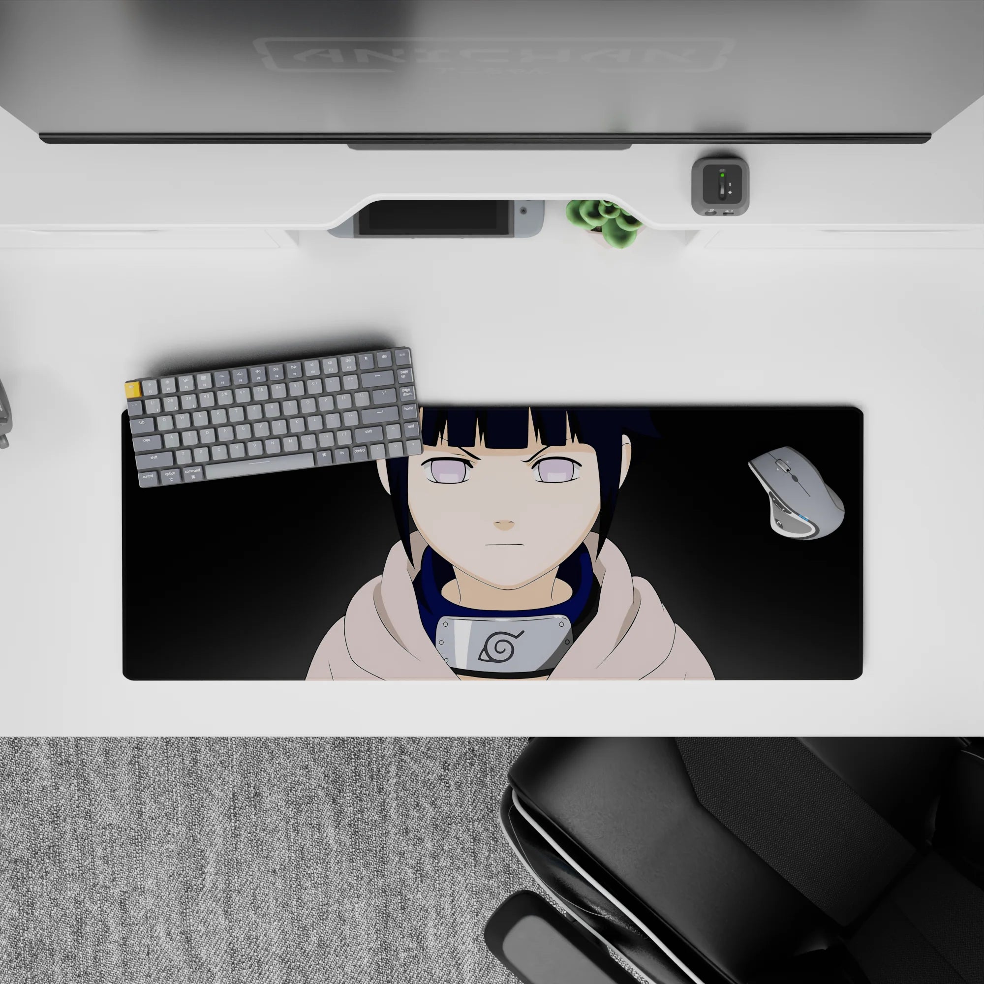 32x12 inches anime desk mat in soft lavender and deep navy tones, calm serious vibe, smooth tracking surface.