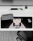 32x12 inches anime desk mat in soft lavender and deep navy tones, calm serious vibe, smooth tracking surface.