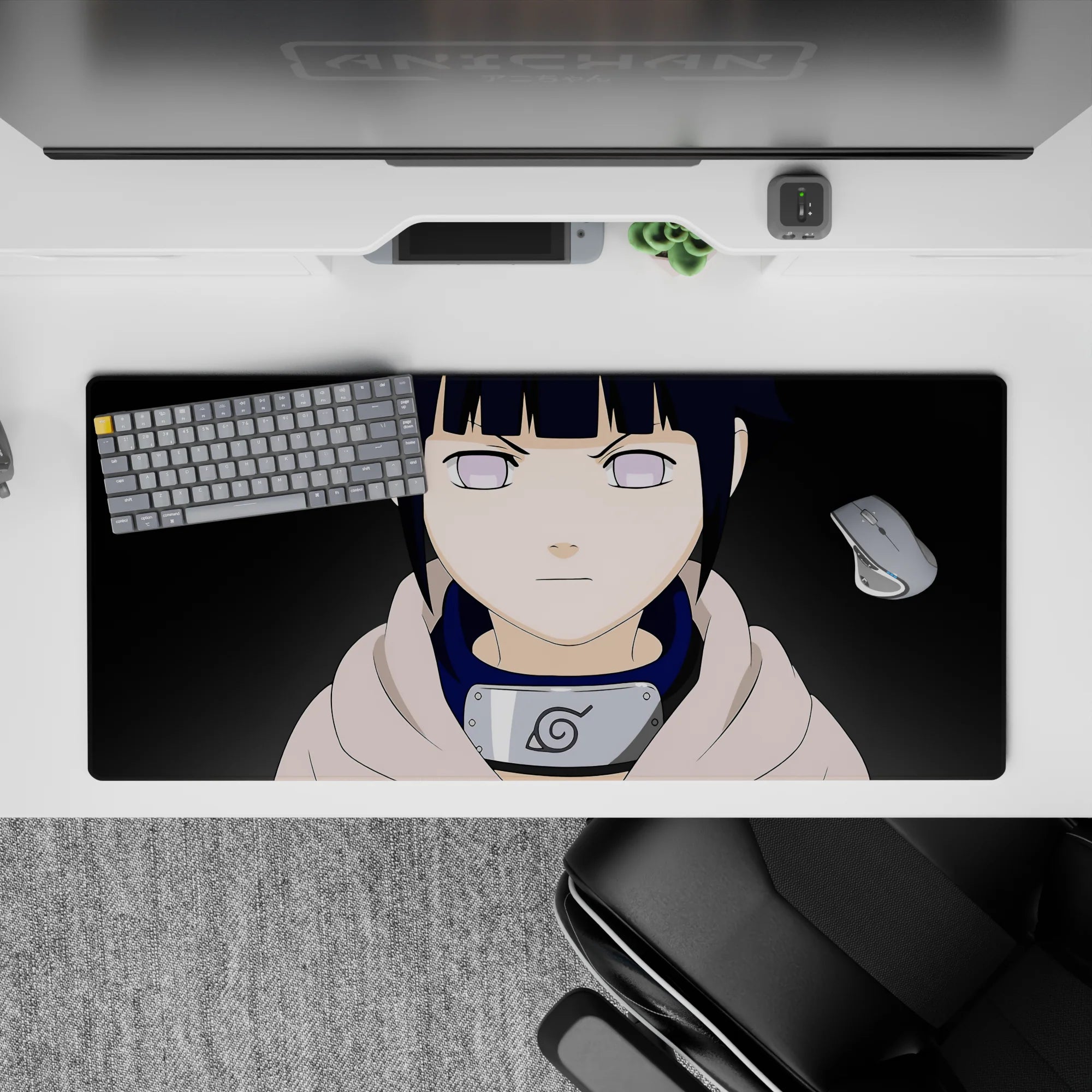 36x16 inches desk pad in navy and lavender tones, calm serious vibe, cozy hoodie anime artwork.