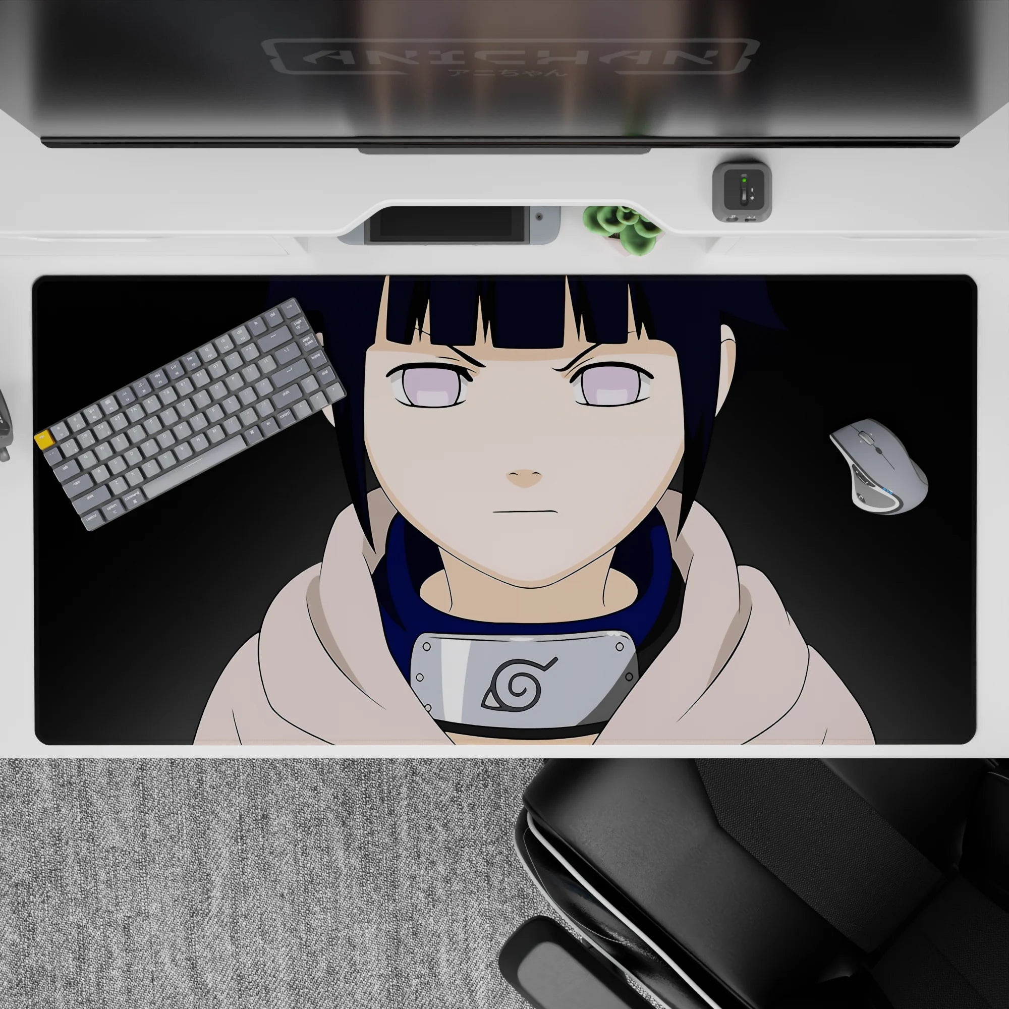 40x20 inches Naruto desk pad in deep navy and pale lavender, calm serious mood, clean lines.