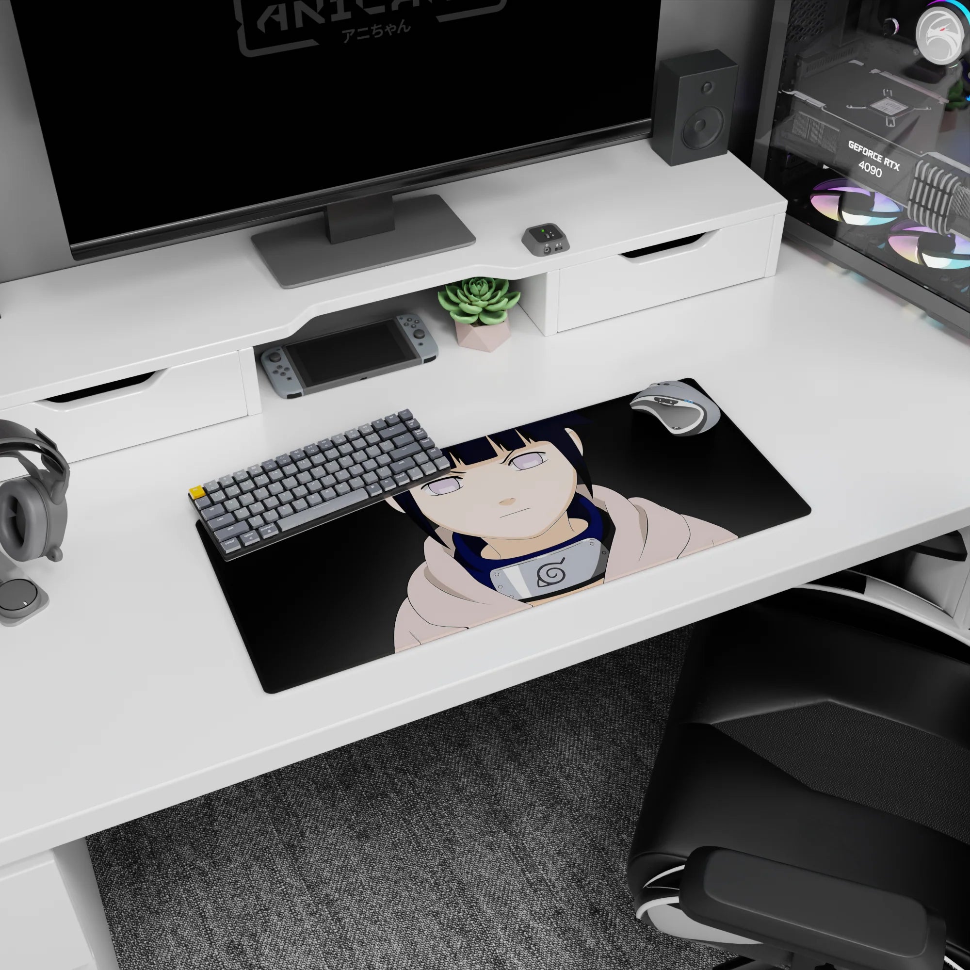 28x12 inches Naruto mouse pad showing Hinata Hyuga staring forward with Byakugan eyes and Leaf headband.
