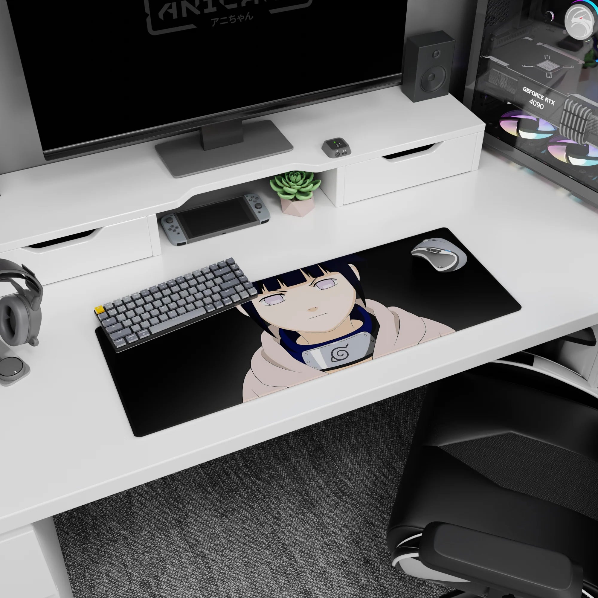 32x12 inches Naruto mouse pad showing Hinata Hyuga staring forward in a pale hoodie with Byakugan eyes.