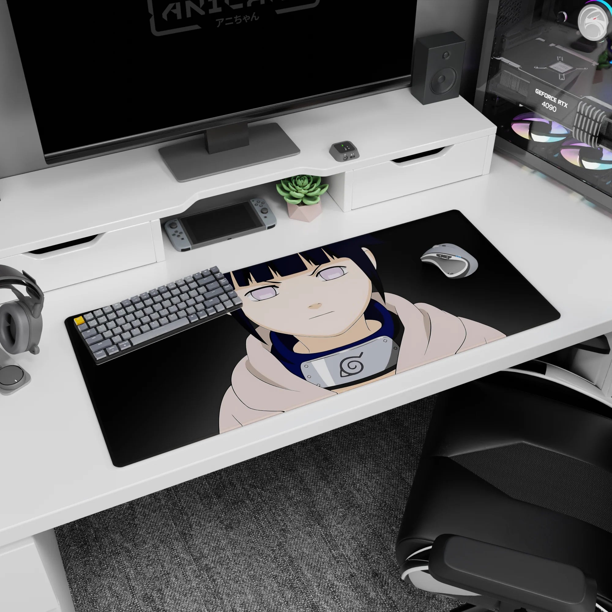 36x16 inches Naruto desk pad featuring Hinata Hyuga staring forward with Byakugan eyes and pale hoodie.