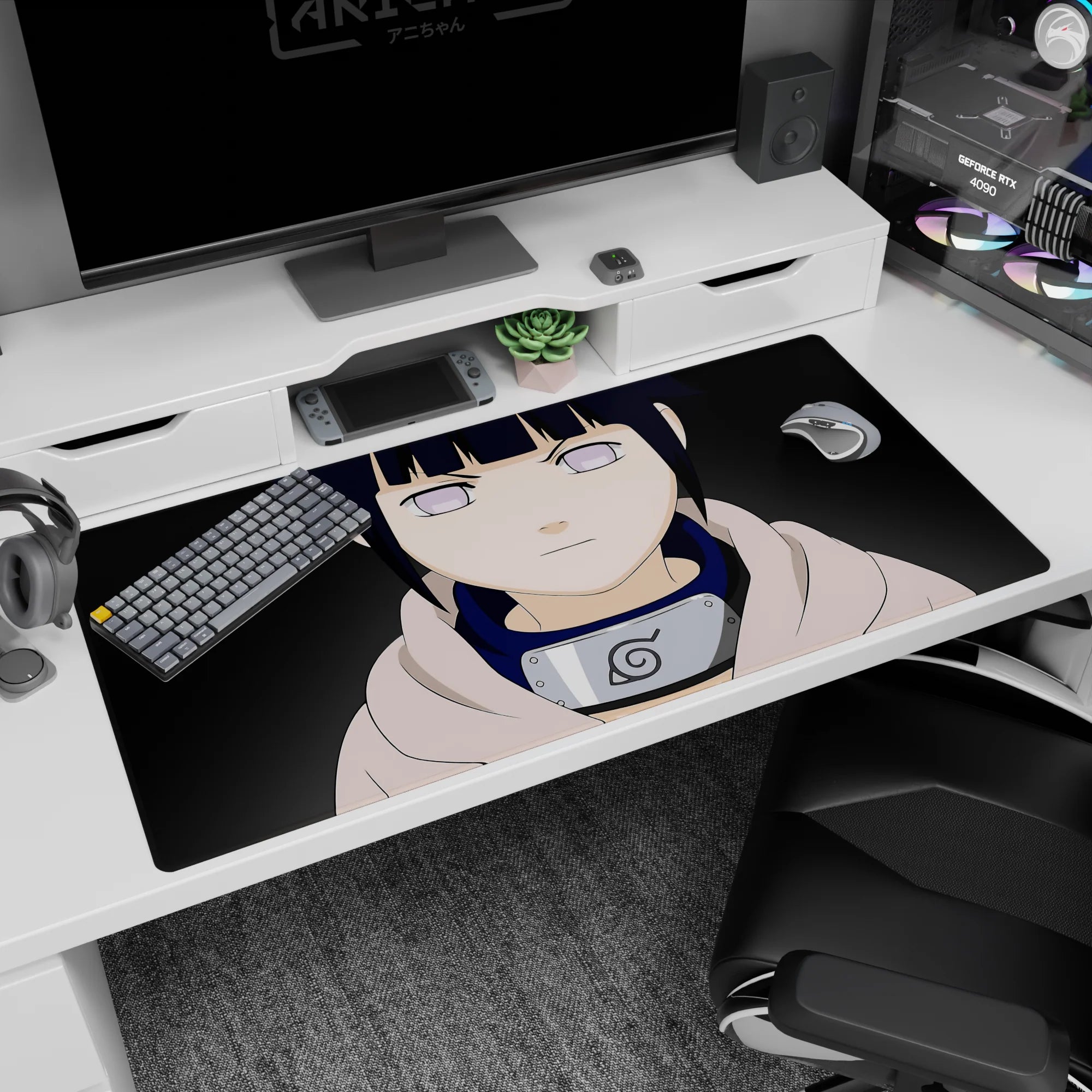 40x20 inches desk pad showing Hinata Hyuga staring forward, Byakugan eyes, pale hoodie, headband.