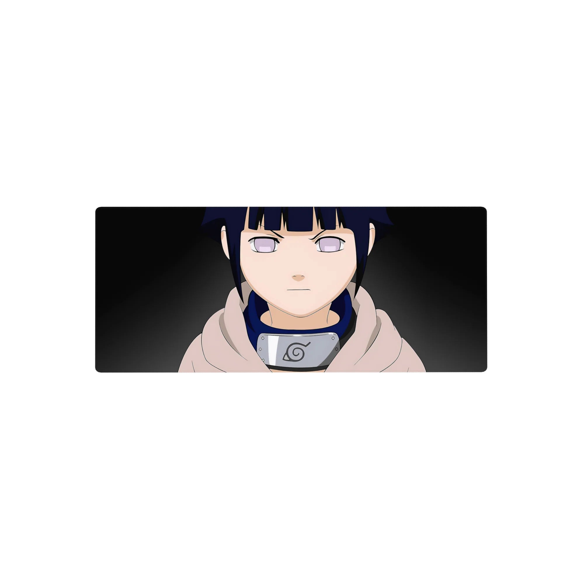 28x12 inches anime mouse pad with Hinata Hyuga portrait, minimal background, Leaf headband detail.