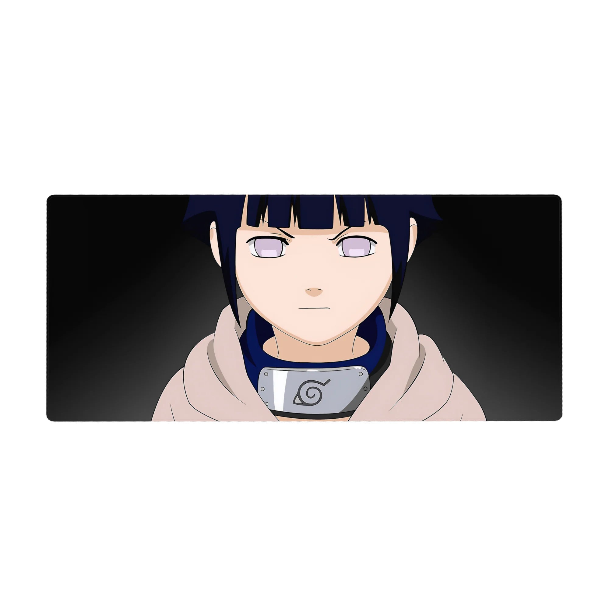 36x16 inches anime desk pad with Hinata Hyuga, minimal background, Leaf headband detail, smooth tracking.