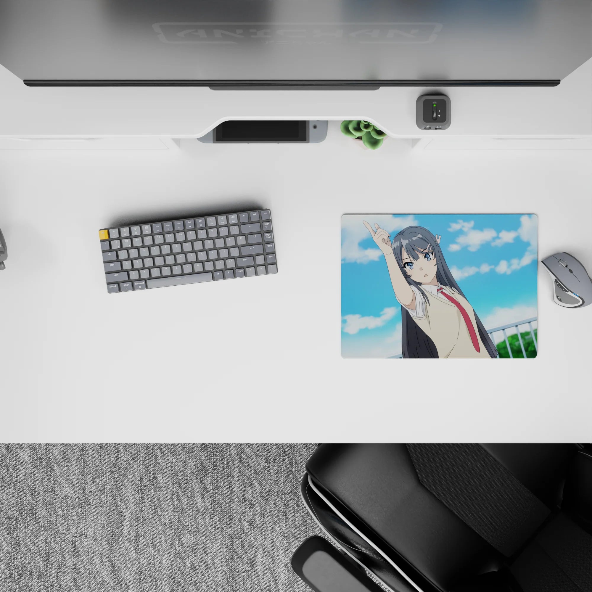Soft blue sky and cloud anime girl mouse pad 14x10 inches, calm cute vibe with crisp linework.