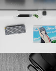 Soft blue sky and cloud anime girl mouse pad 14x10 inches, calm cute vibe with crisp linework.