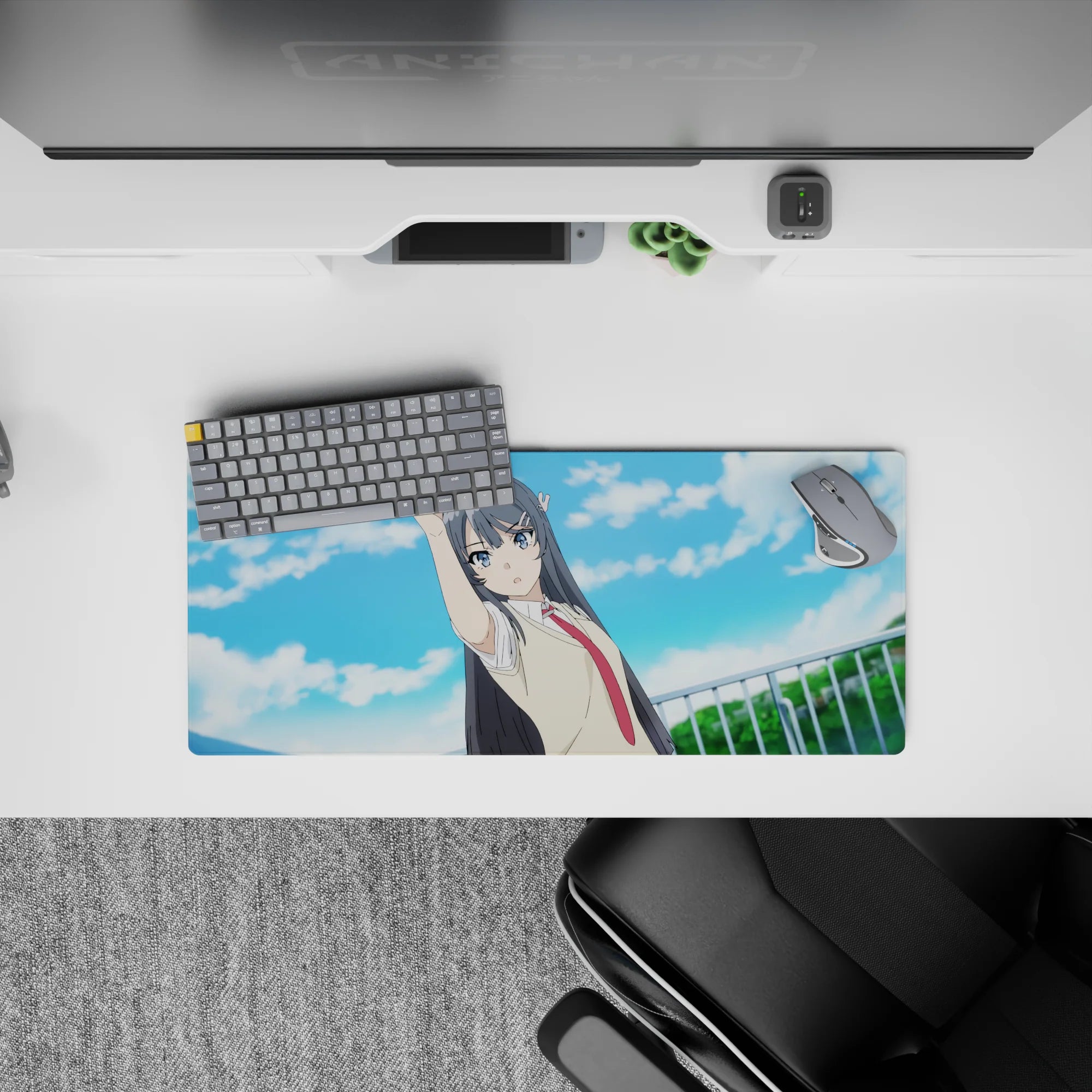 28x12 inches anime girl mouse pad in soft blue sky tones with fluffy clouds, calm confident vibe for desk setups.