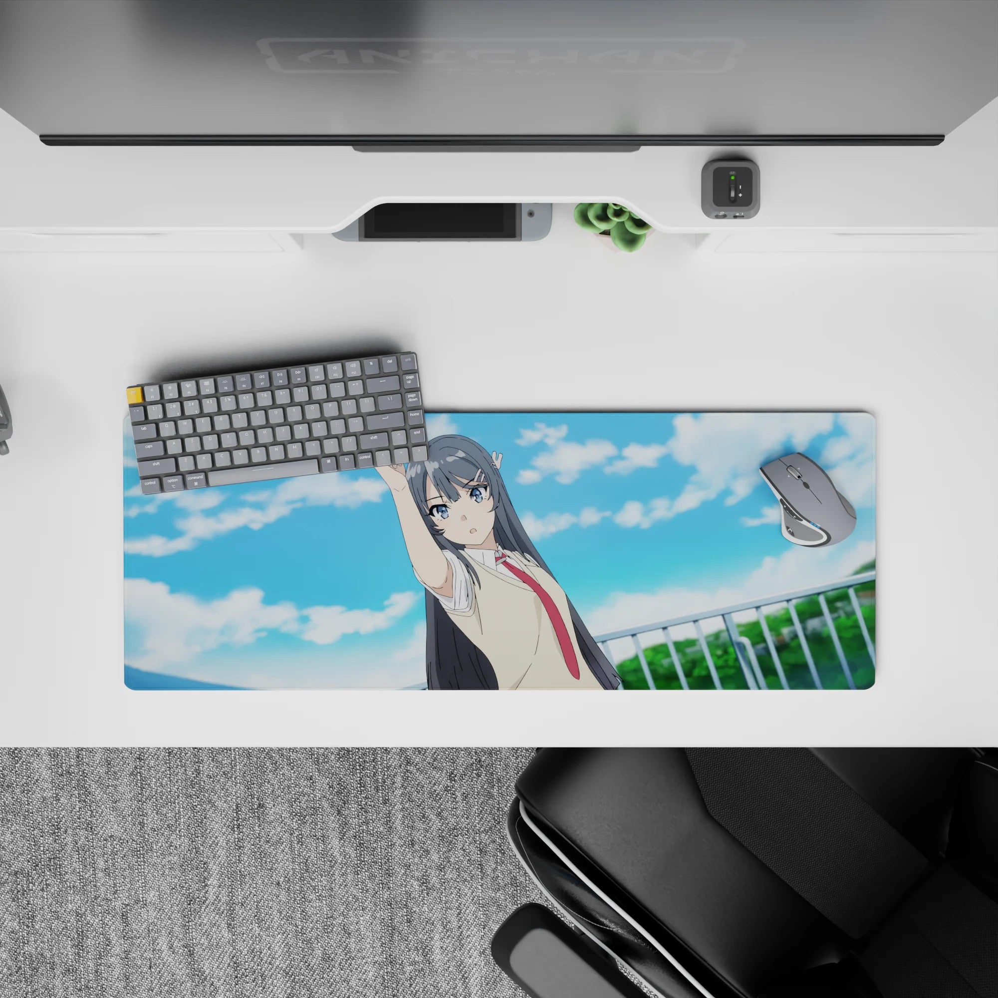 32x12 inches anime girl mouse pad in soft blue sky tones, fluffy clouds, calm confident vibe.