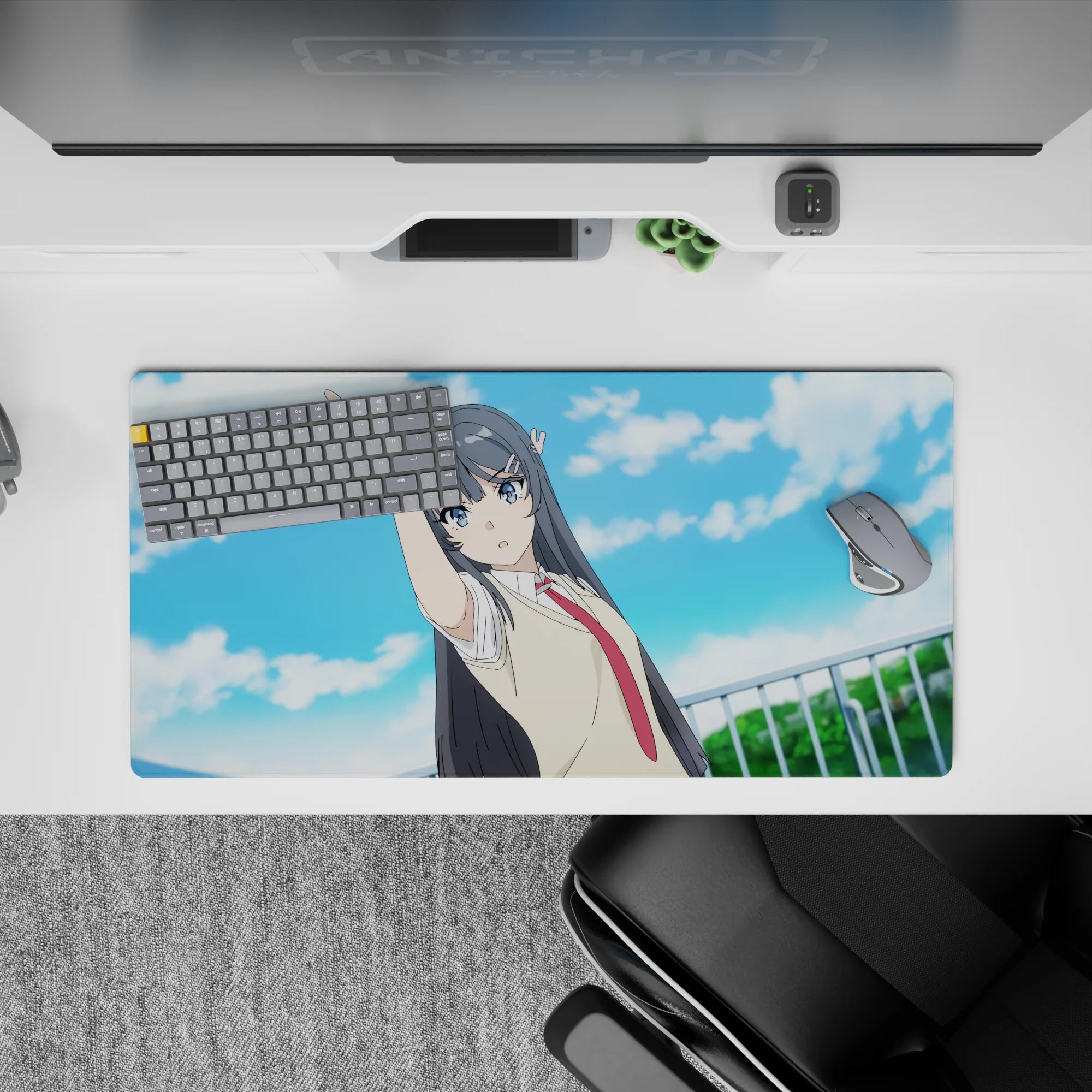 32x16 inches anime girl mouse pad in soft blue skies and calm pastel tones, clean linework and gradients.