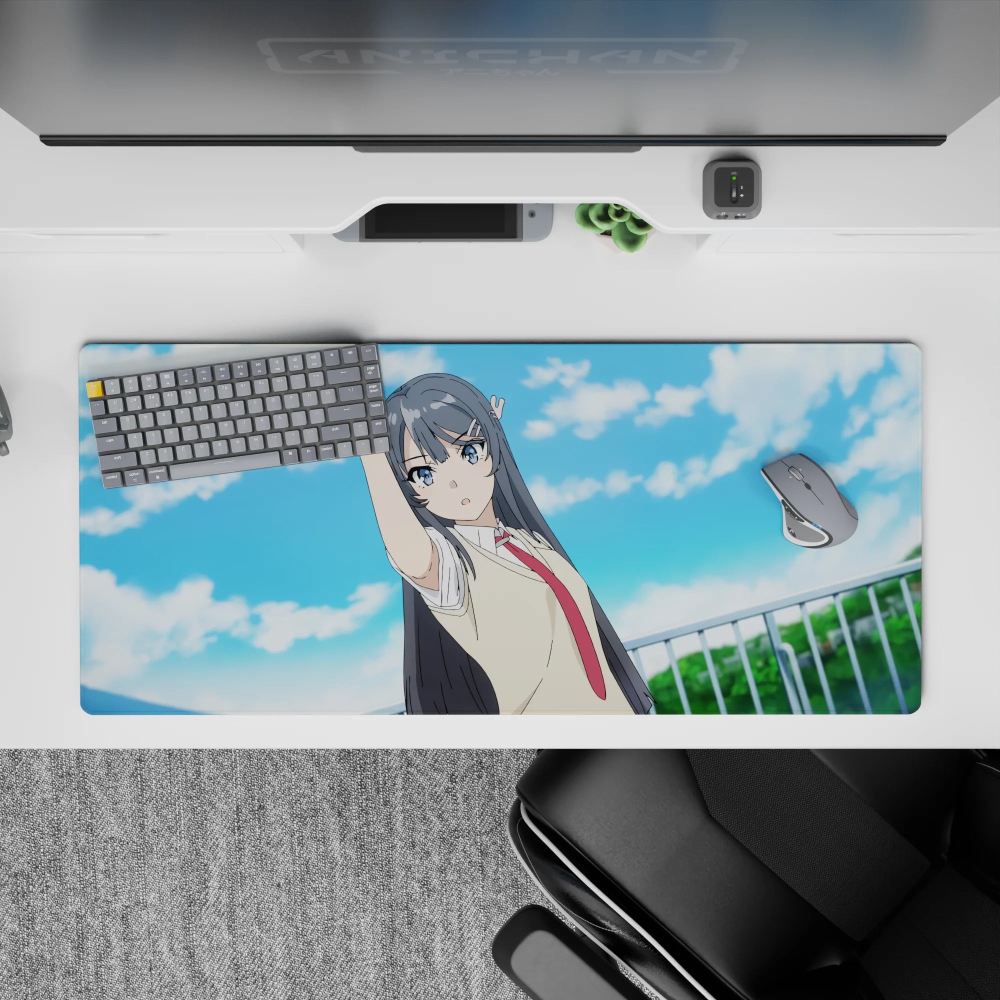 36x16 inches desk pad in soft blue sky tones and calm mood, smooth gradients, cute anime style.