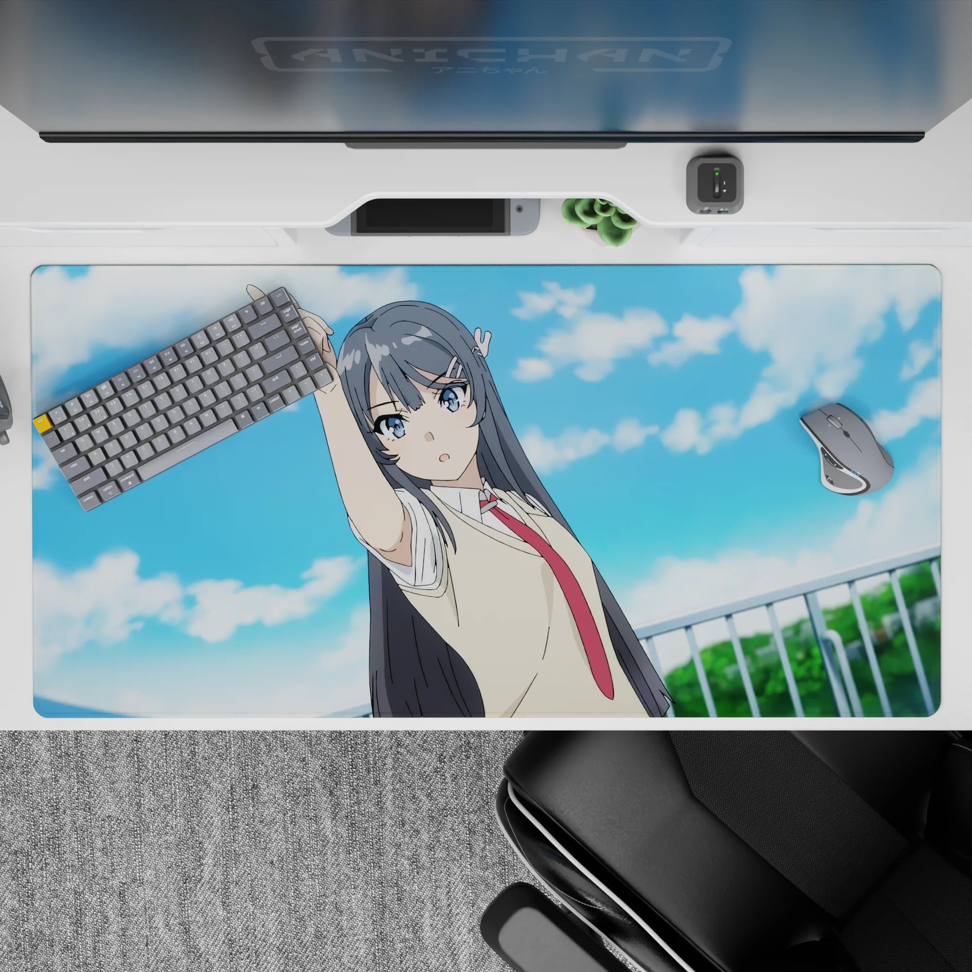 40x20 inches desk pad in soft blue skies and calm pastel tones, crisp linework for anime style setups.