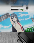 40x20 inches desk pad in soft blue skies and calm pastel tones, crisp linework for anime style setups.