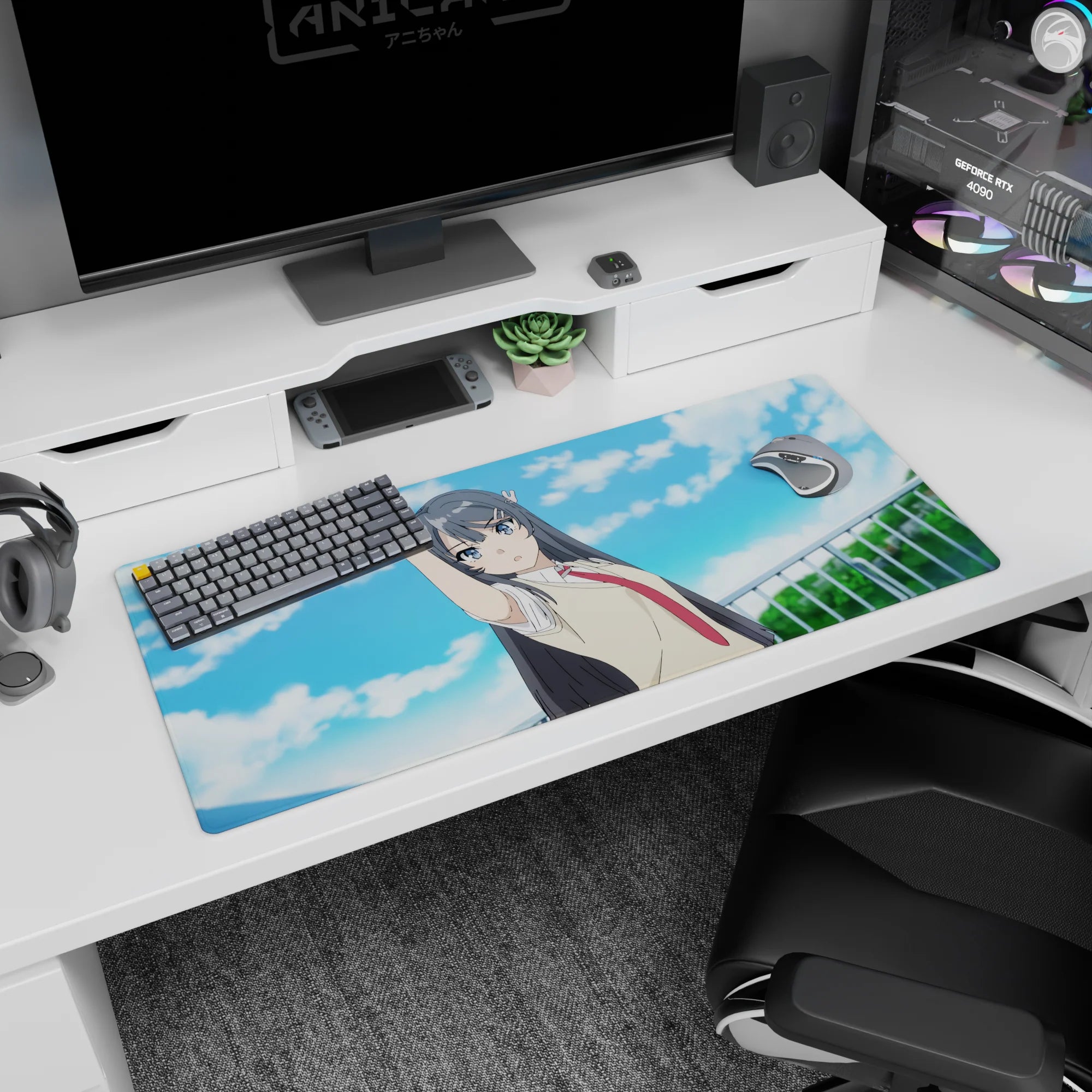 36x16 inches Yukinoshita Yukino anime desk pad pointing skyward, cream vest and red tie scene.