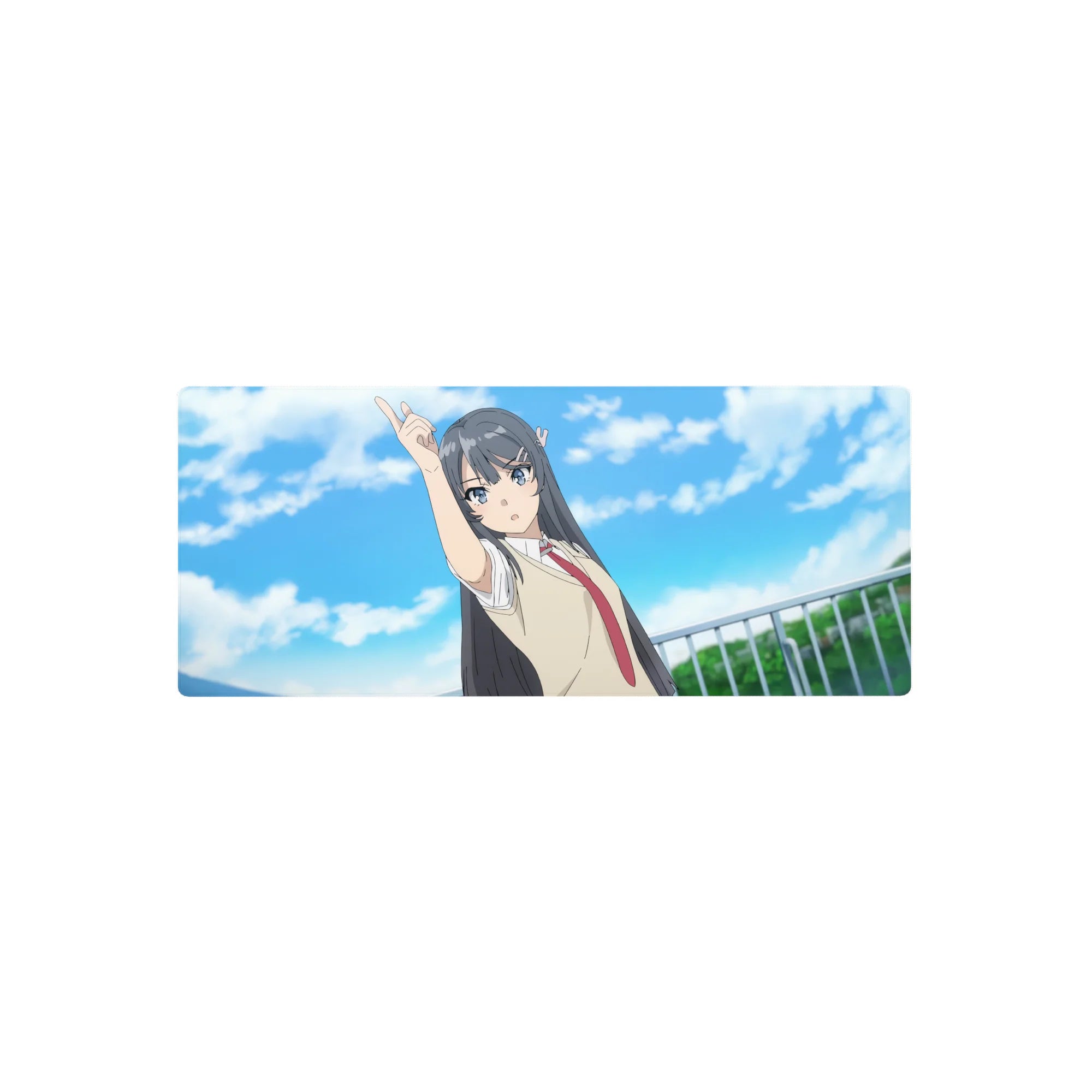 28x12 inches anime girl mouse pad with school uniform character pointing skyward, clouds backdrop, clean linework.