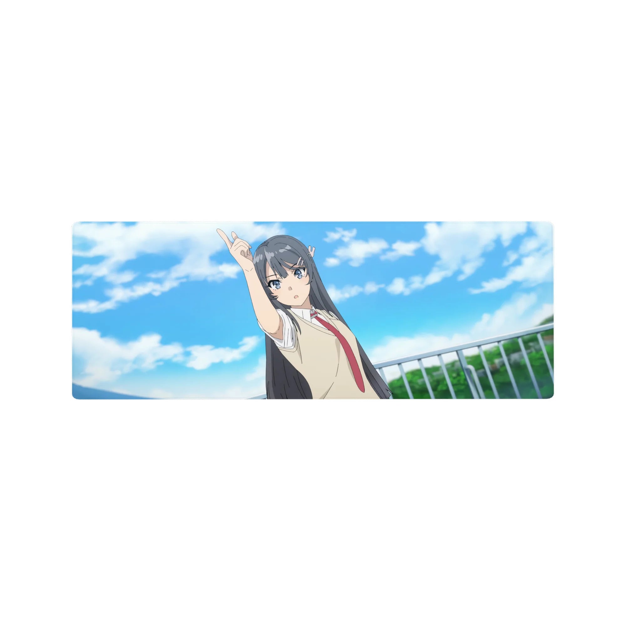 32x12 inches anime girl mouse pad with school uniform character pointing skyward on a cloud backdrop.