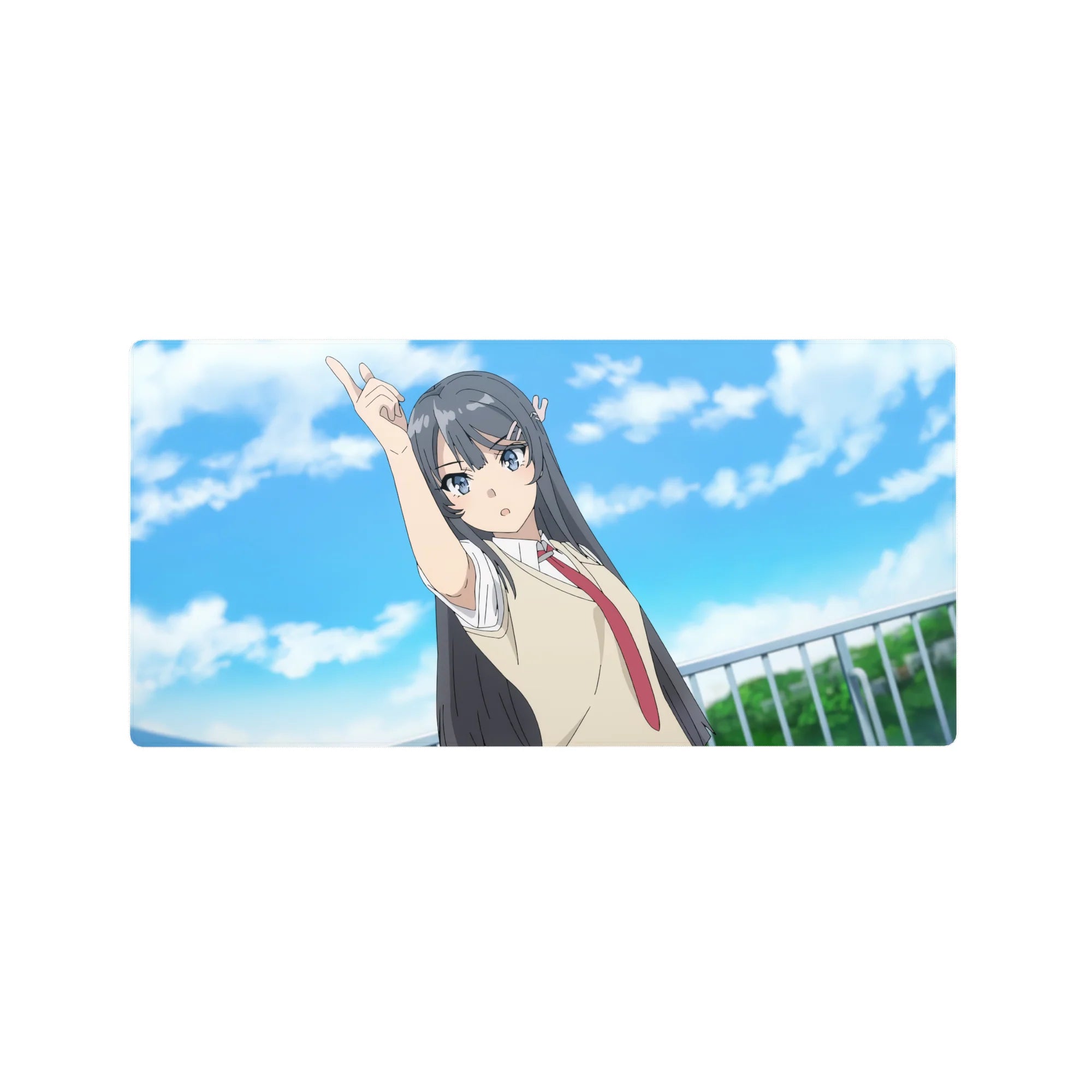 32x16 inches anime girl mouse pad with school uniform character pointing skyward, cloud sky backdrop.