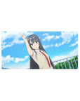 32x16 inches anime girl mouse pad with school uniform character pointing skyward, cloud sky backdrop.
