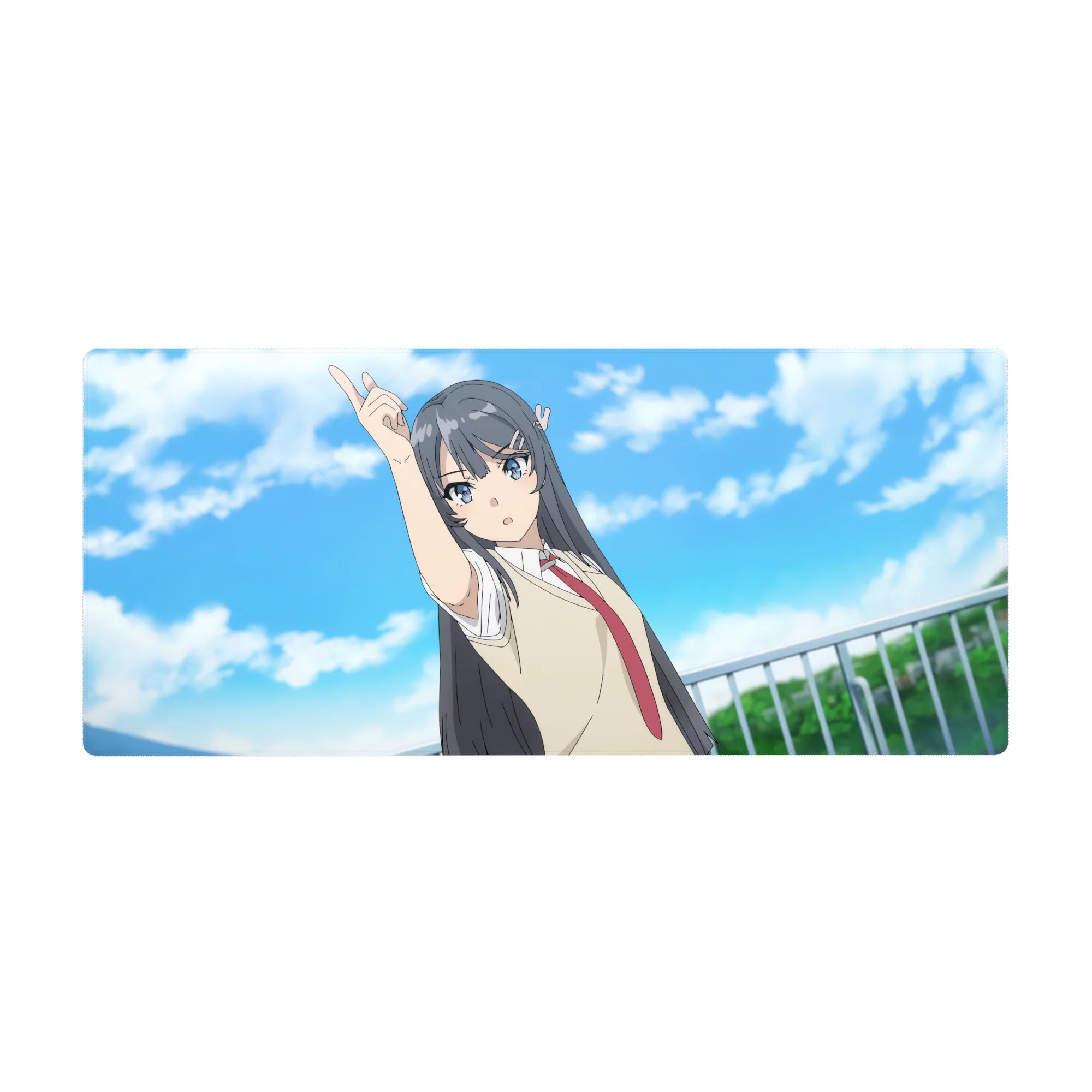 36x16 inches anime girl desk pad with school uniform design, blue sky clouds, crisp linework.