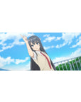 36x16 inches anime girl desk pad with school uniform design, blue sky clouds, crisp linework.