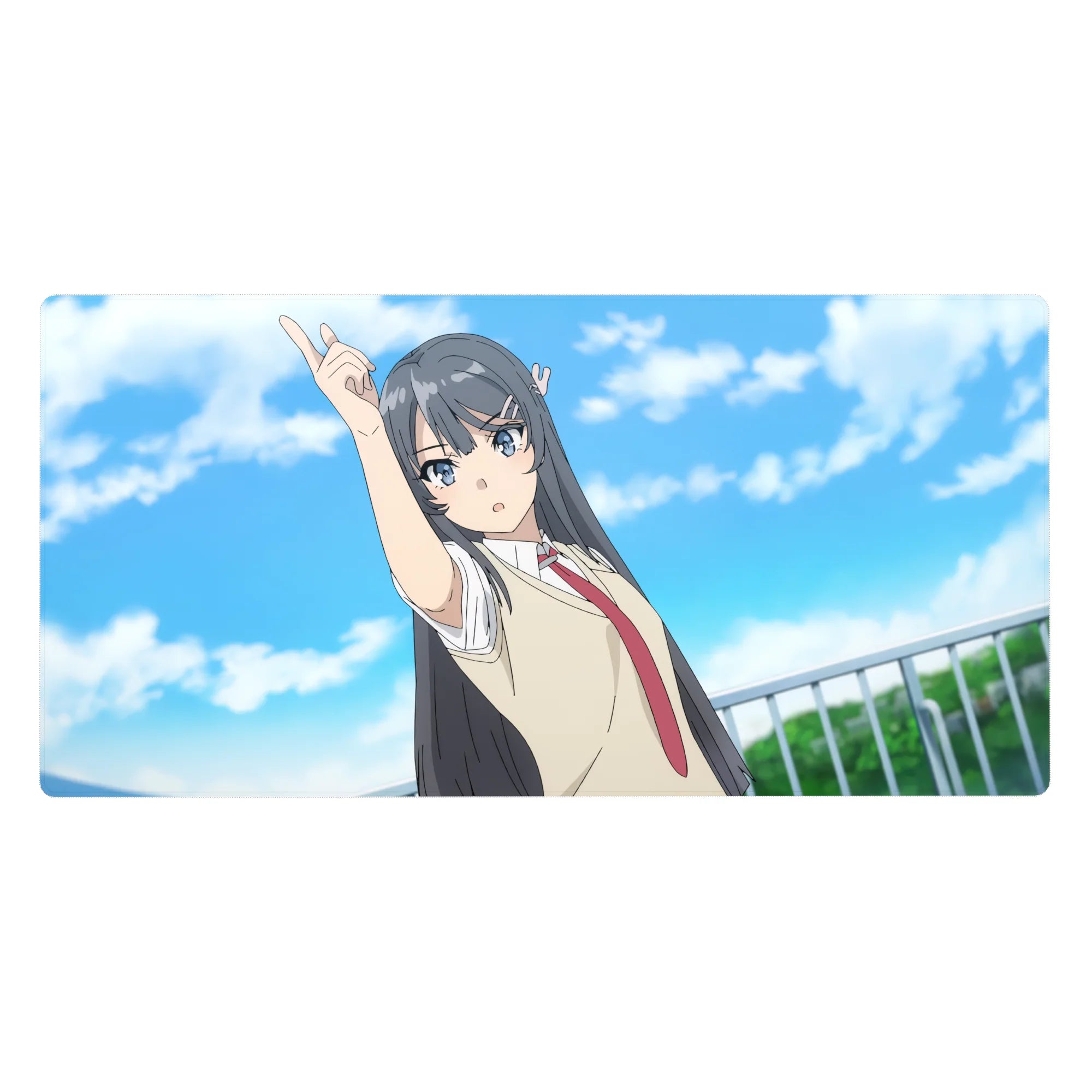 40x20 inches anime girl desk pad with Yukino pointing skyward, school uniform, blue sky cloud backdrop.
