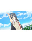 40x20 inches anime girl desk pad with Yukino pointing skyward, school uniform, blue sky cloud backdrop.