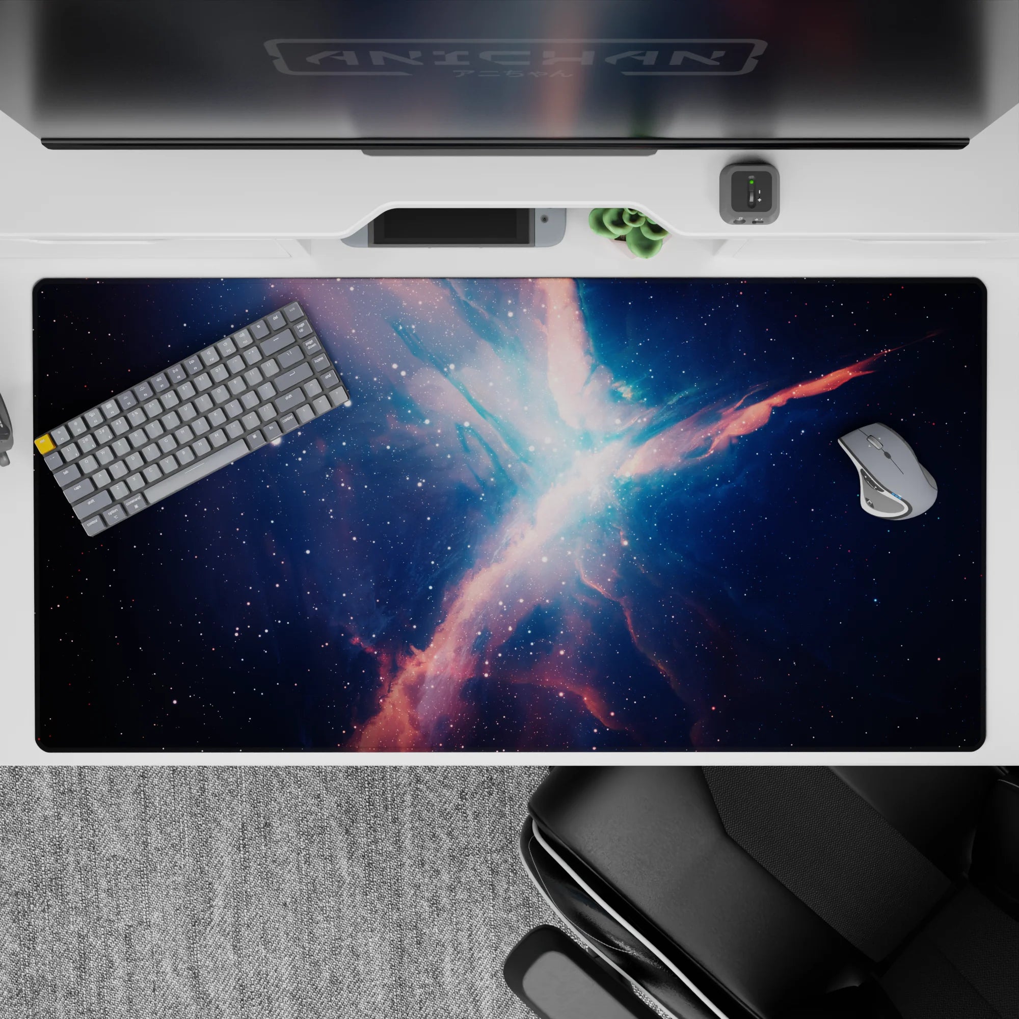 Dreamy navy-to-smoky blue desk pad 40x20 inches with soft peach-pink glow, calm late-night space mood.