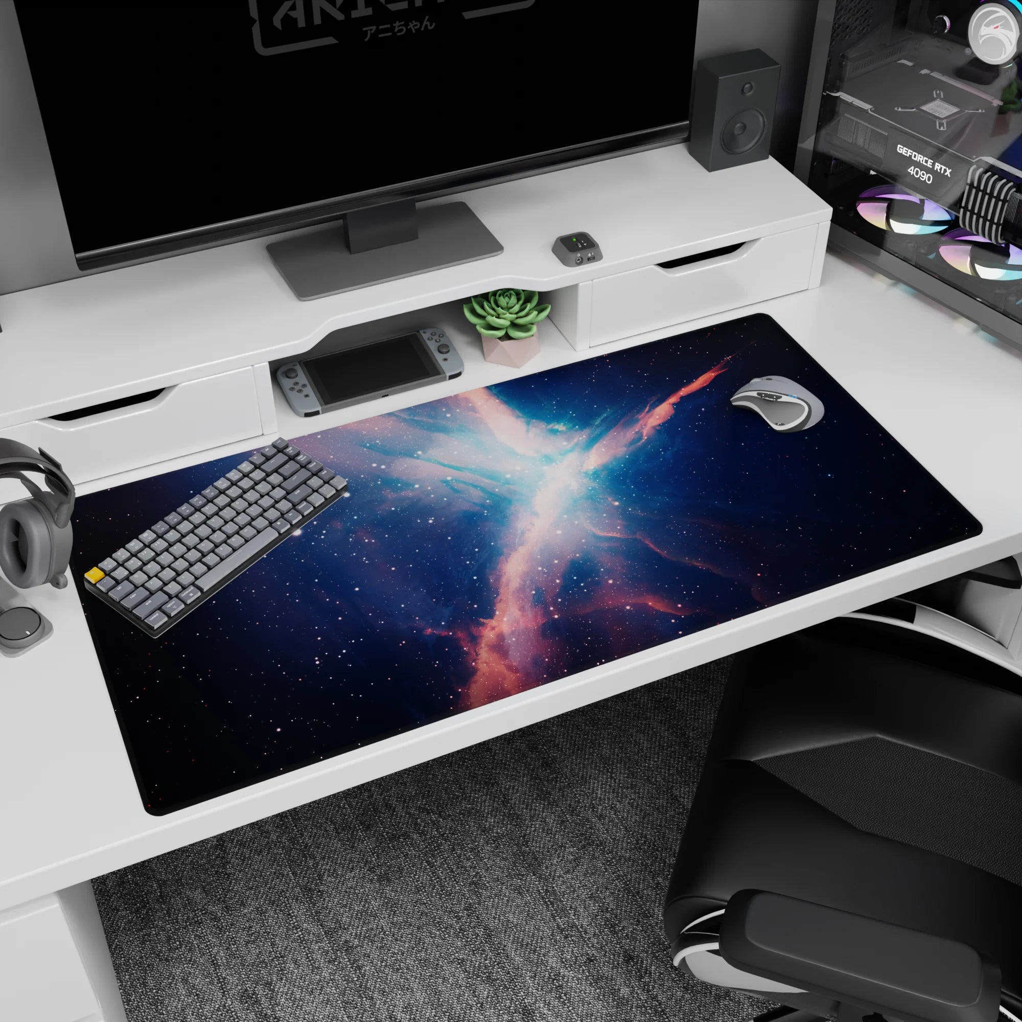 Deep space nebula scene desk pad 40x20 inches featuring a bright center glow and scattered tiny stars.