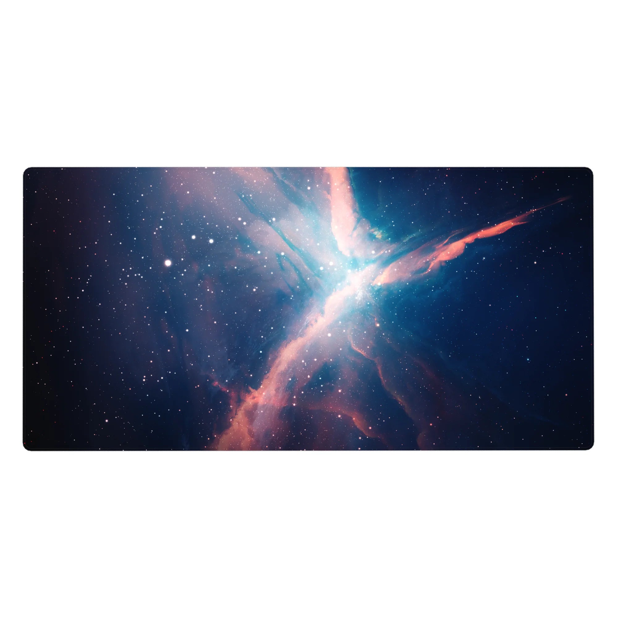 Starfield galaxy desk pad 40x20 inches with speckled stars and nebula streaks for smooth mouse tracking.