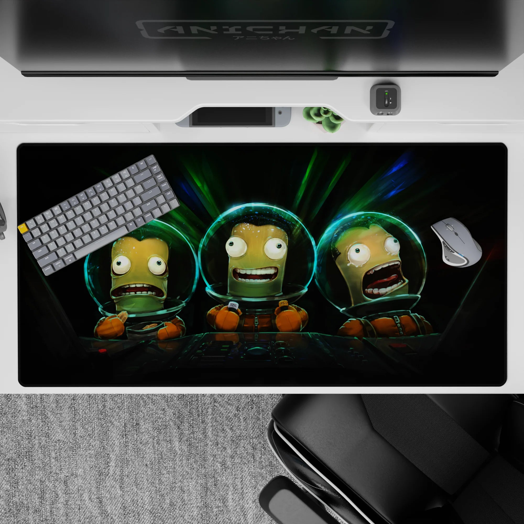 Neon green streaks and cool blue glow on deep-black desk pad, 40x20 inches, hyperspace mood.