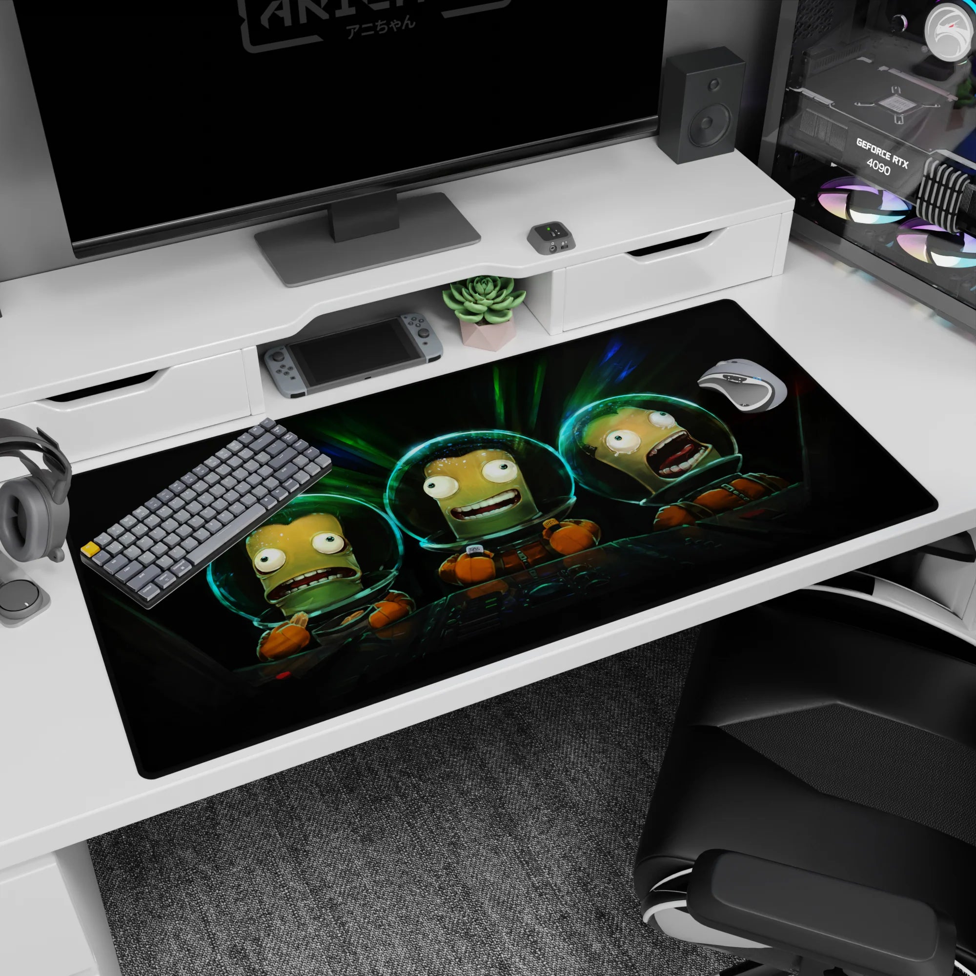 Three wide-eyed space goofballs in a shadowy cockpit scene desk pad, 40x20 inches, comic sci-fi vibe.