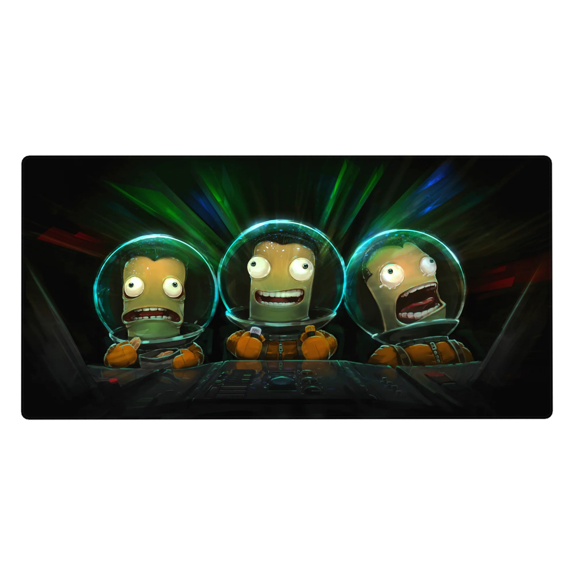 Space goofball trio sci-fi desk pad, 40x20 inches, crisp lines on deep black for gaming or work.
