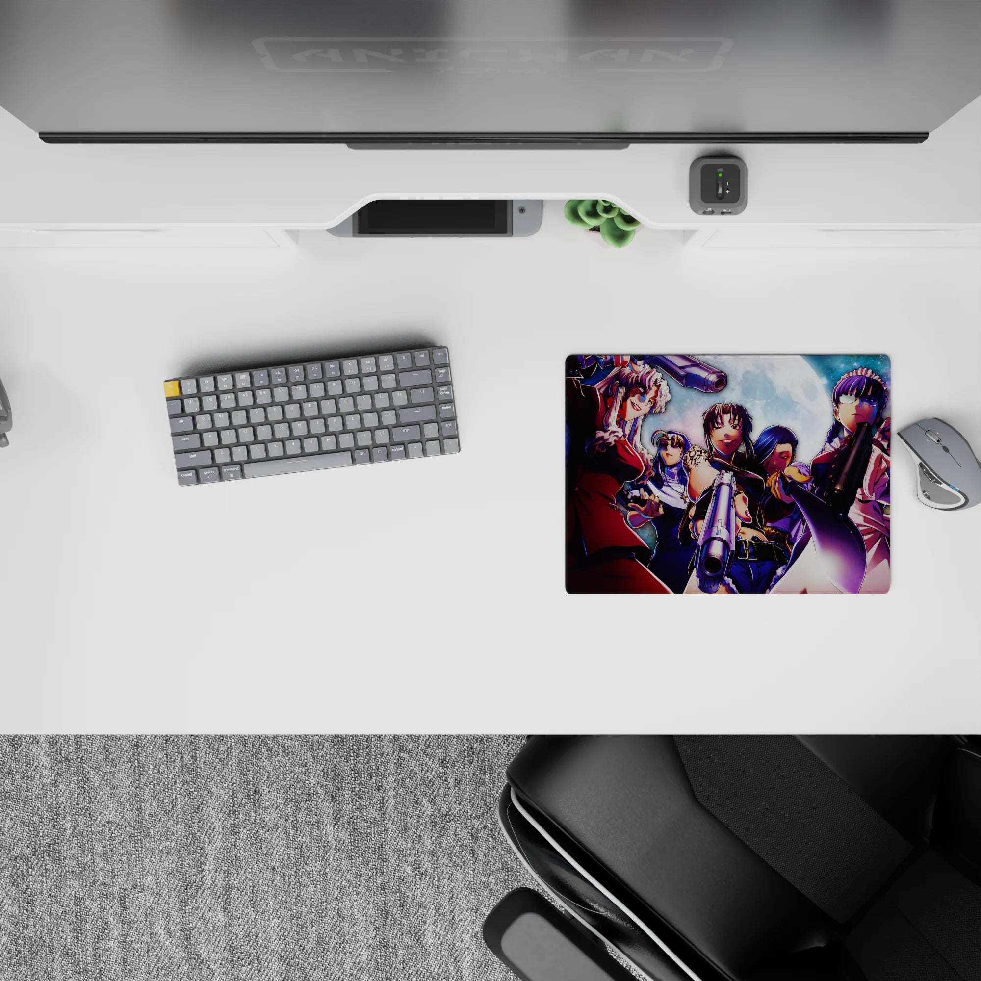 Neon purple and moonlit blue 14x10 inches anime mouse pad with gunmetal shine and dark vibe.