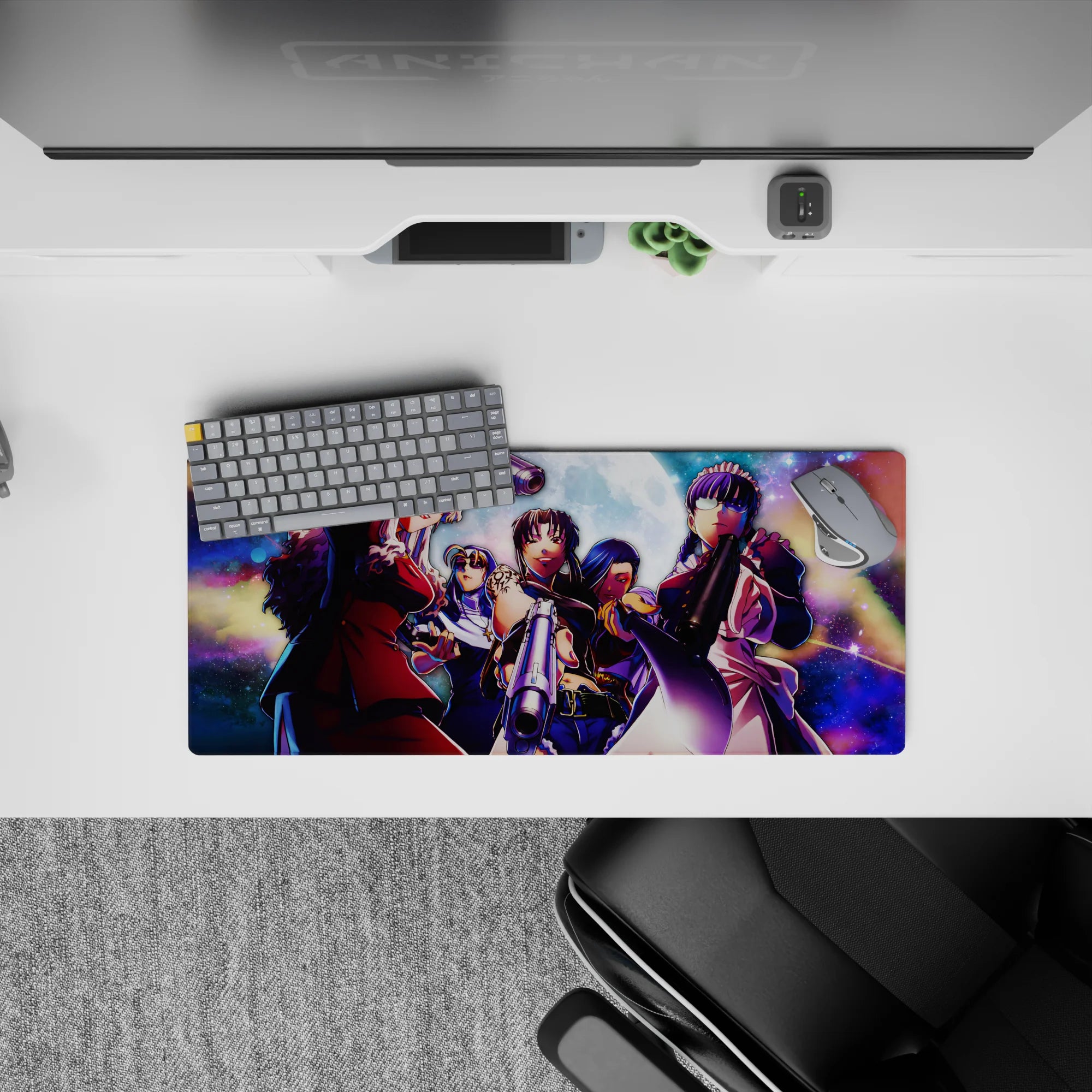 28x12 inches anime mouse pad in neon purple and moonlit blue with gunmetal shine, dark night vibe.