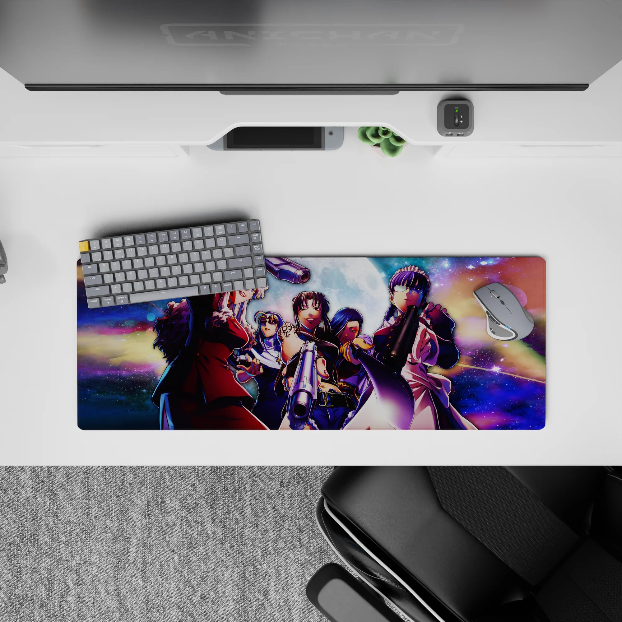 32x12 inches anime desk mat in neon purple and moonlit blue, dark edgy vibe with galaxy spark backdrop.