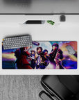 32x12 inches anime desk mat in neon purple and moonlit blue, dark edgy vibe with galaxy spark backdrop.