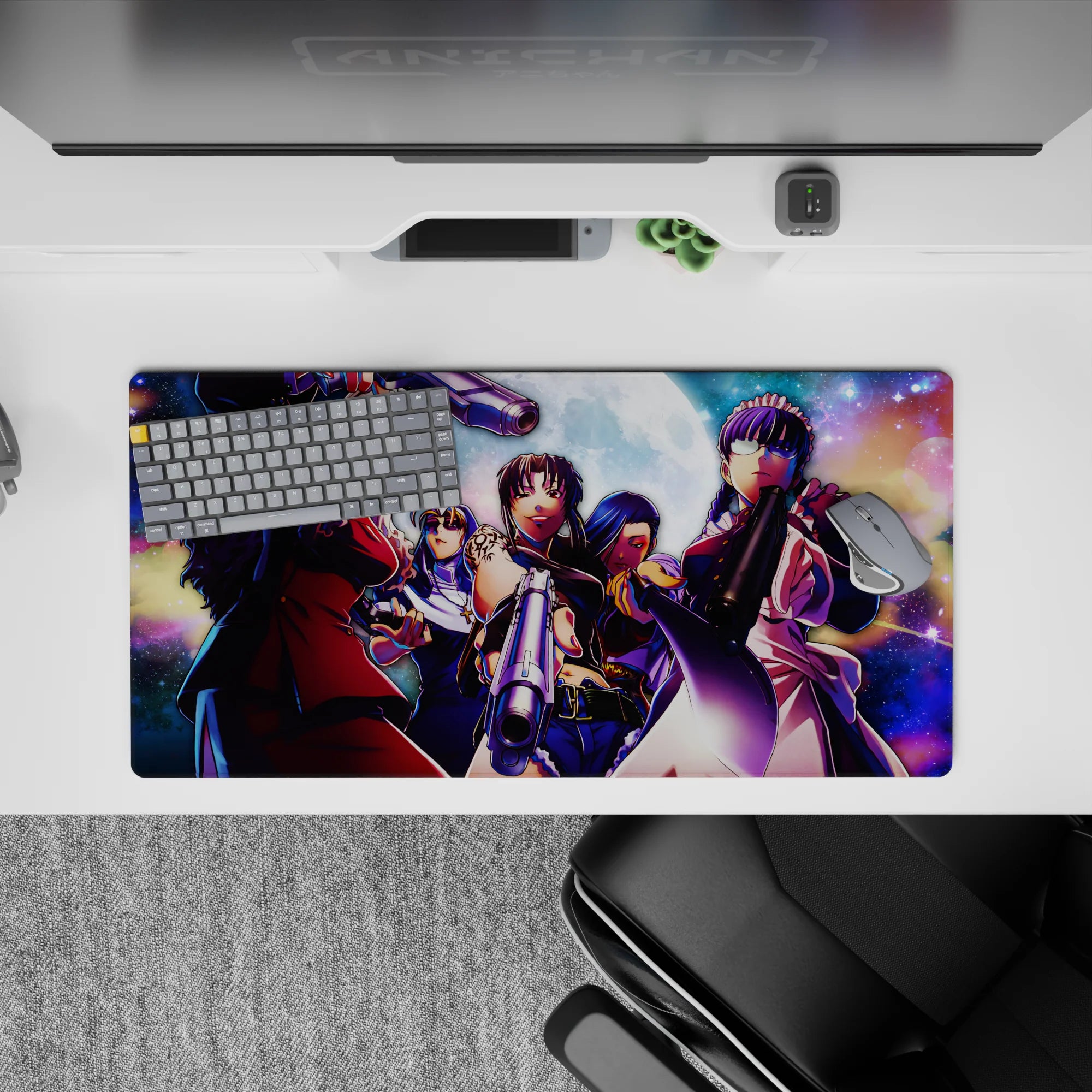 32x16 inches anime girl mouse pad in neon purple and moonlit blue, dark edgy night mood with spark galaxy.