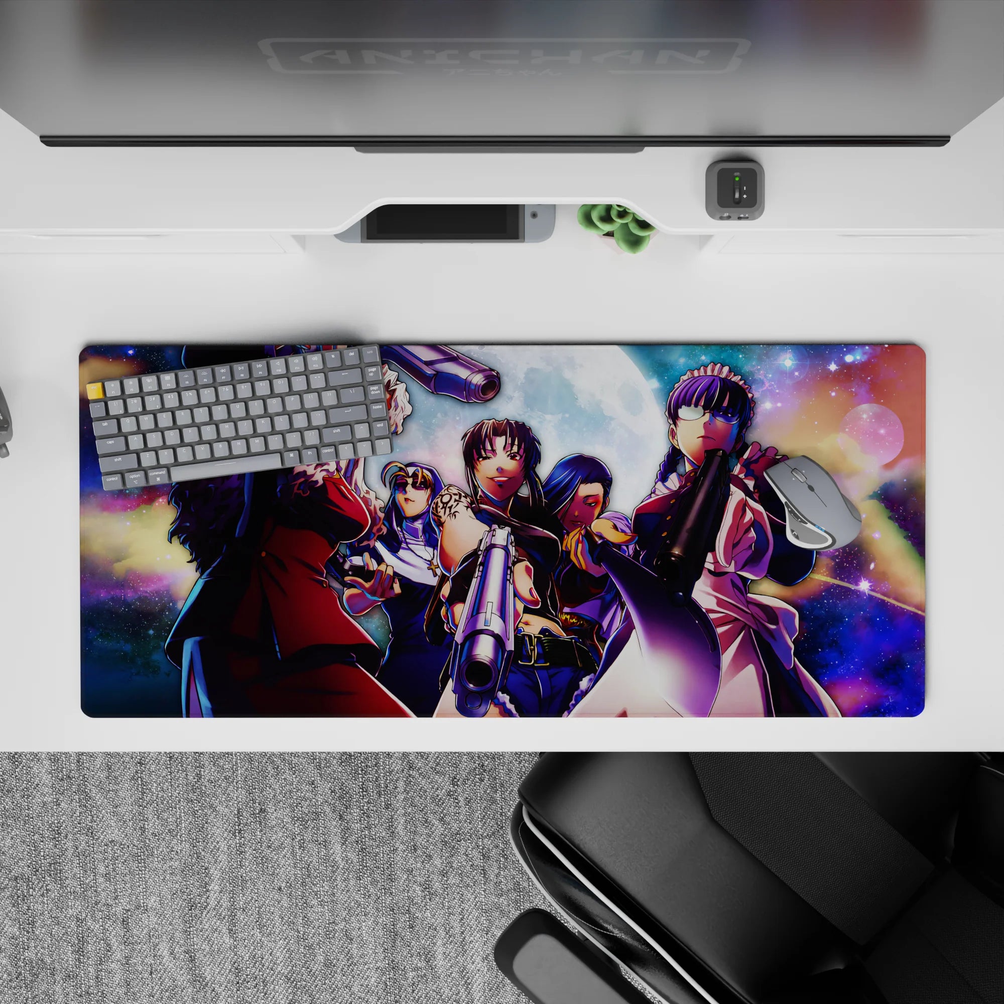 Neon purple and moonlit blue galaxy anime desk pad 36x16 inches with gunmetal shine and dark vibe.