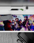 Neon purple and moonlit blue galaxy anime desk pad 36x16 inches with gunmetal shine and dark vibe.