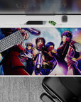 Neon purple and moonlit blue galaxy anime girl desk pad 40x20 inches with gunmetal shine.