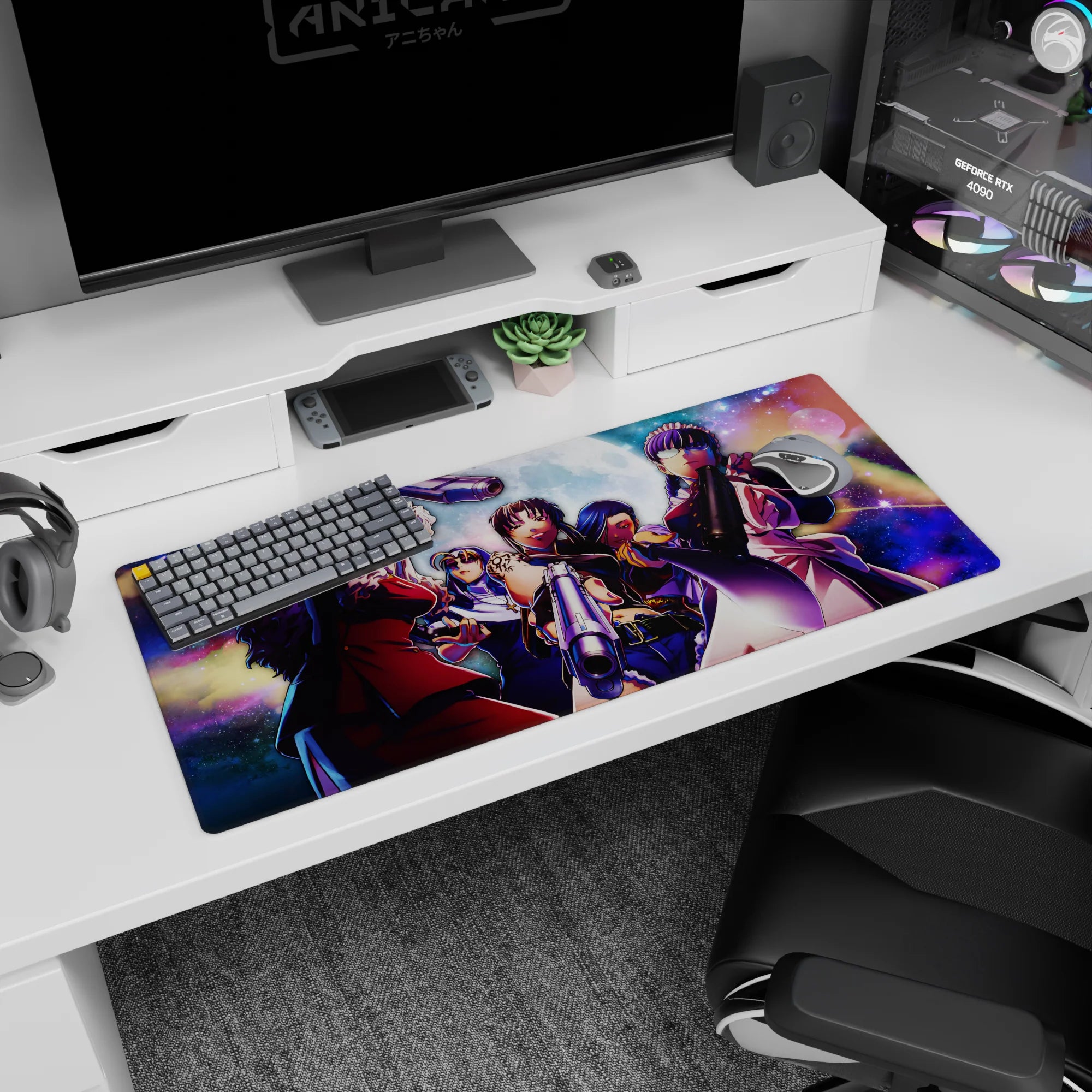 Seras Victoria and Integra Hellsing aiming into the night on an anime desk pad 36x16 inches.