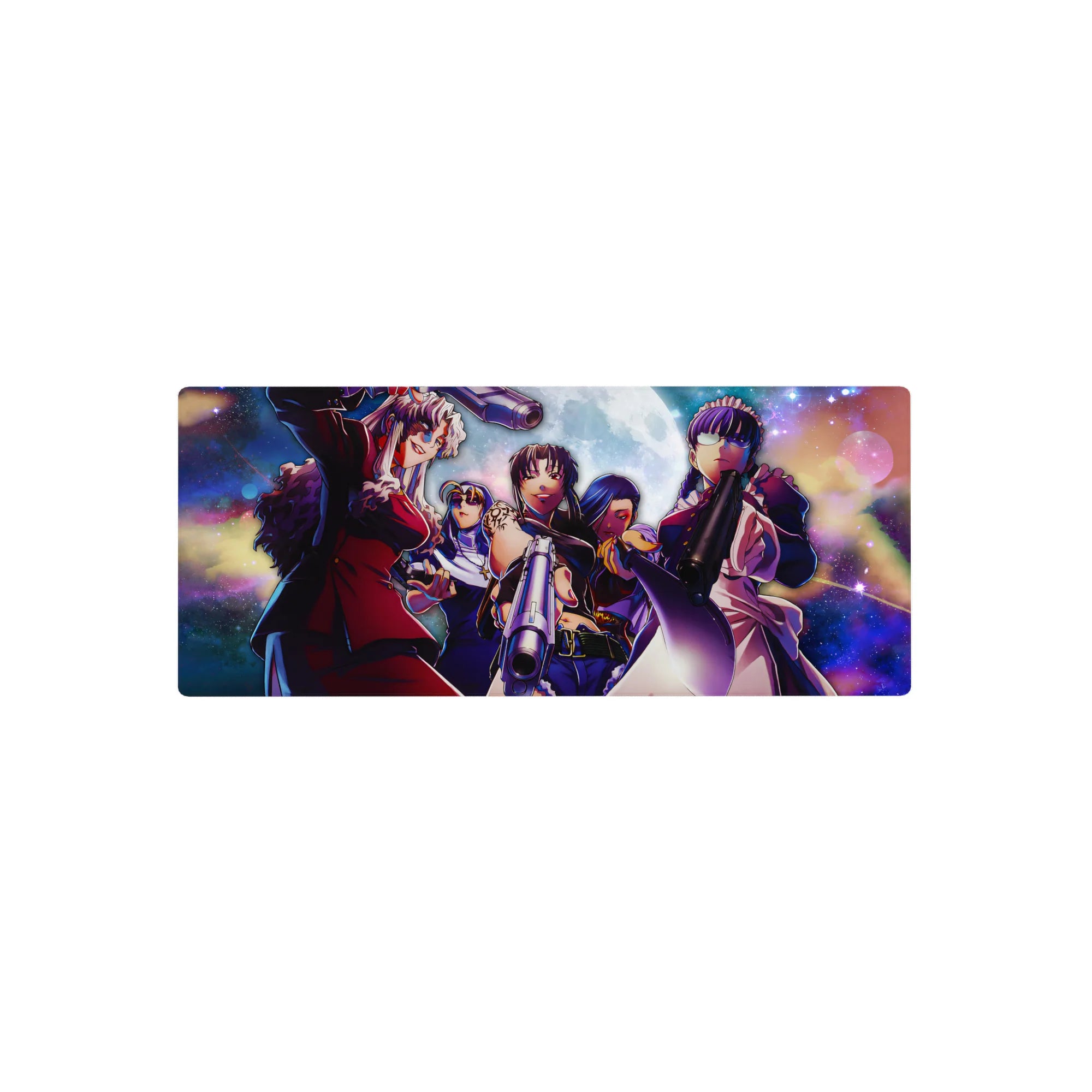 28x12 inches anime girl mouse pad with Hellsing squad art, neon galaxy background, smooth desk mat.
