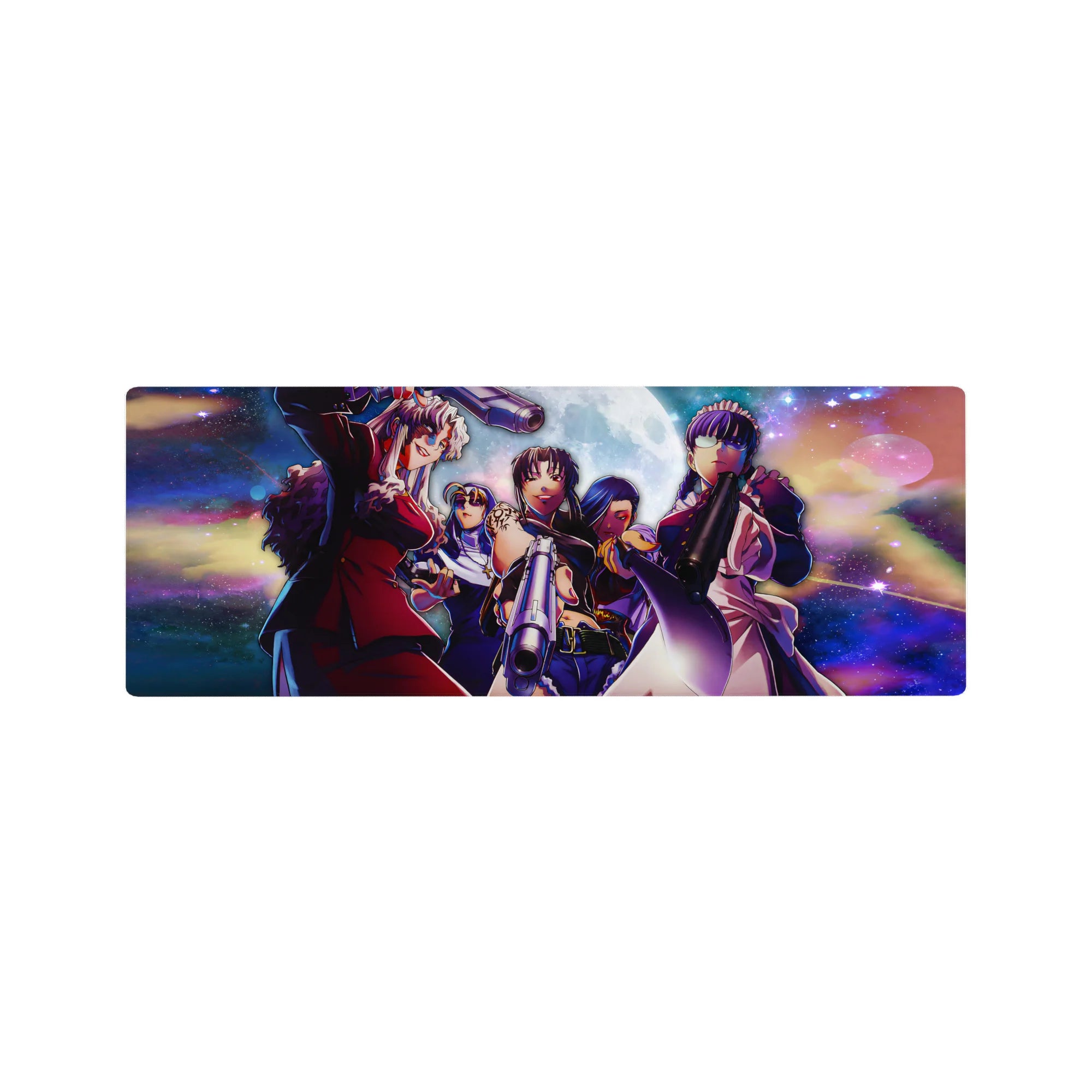 32x12 inches anime girl mouse pad featuring Hellsing crew artwork with neon galaxy background and gunmetal shine.