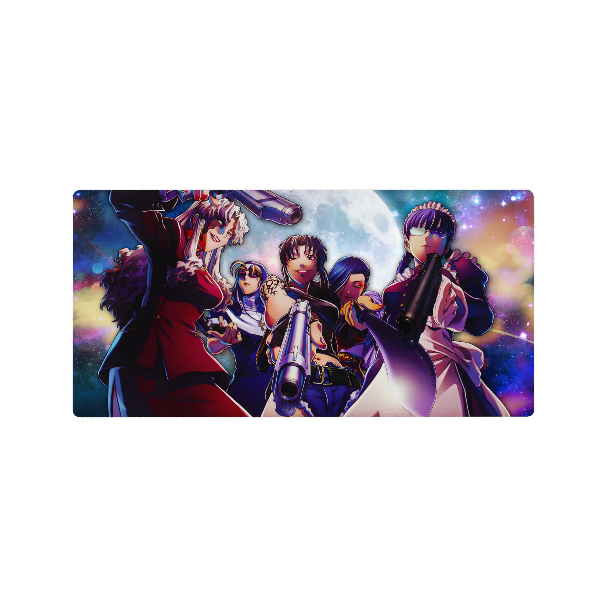 32x16 inches anime girl mouse pad with Hellsing squad, neon galaxy backdrop and gunmetal weapons art.