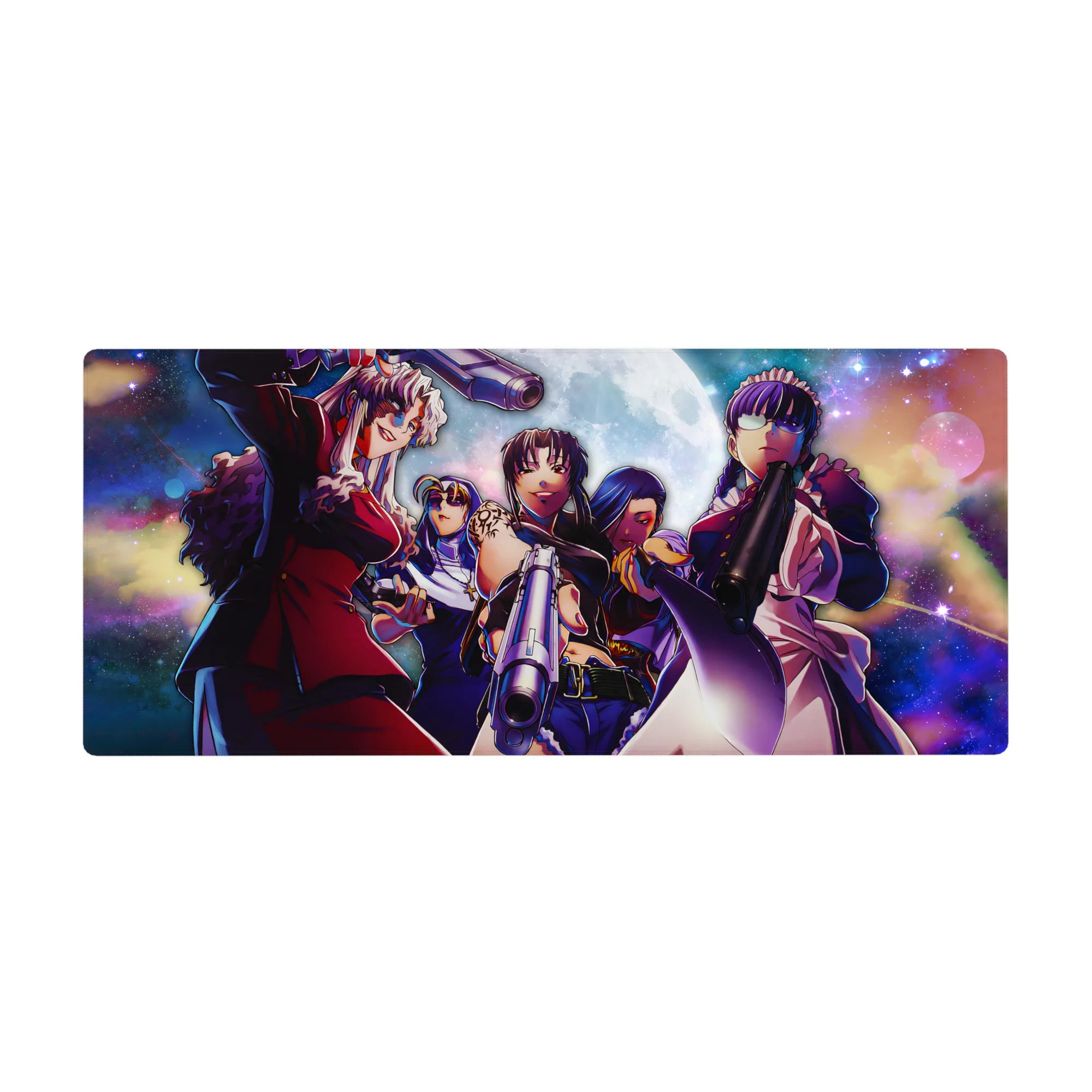 Hellsing anime girl desk pad 36x16 inches with Seras, Integra, and crew in neon sci-fi artwork.