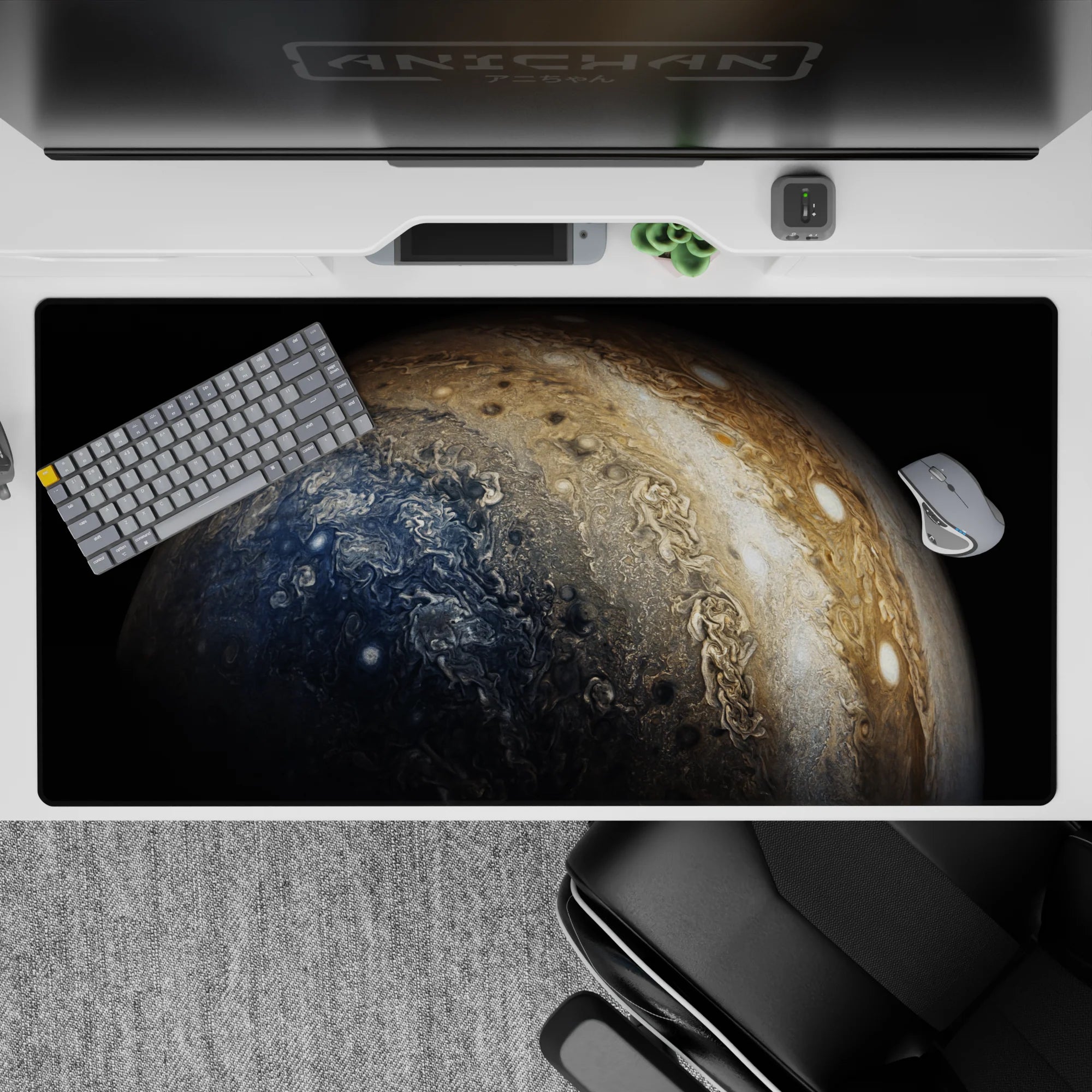 Dark inky sci-fi mood desk pad with warm tan bands and creamy oval spots, 40x20 inches.