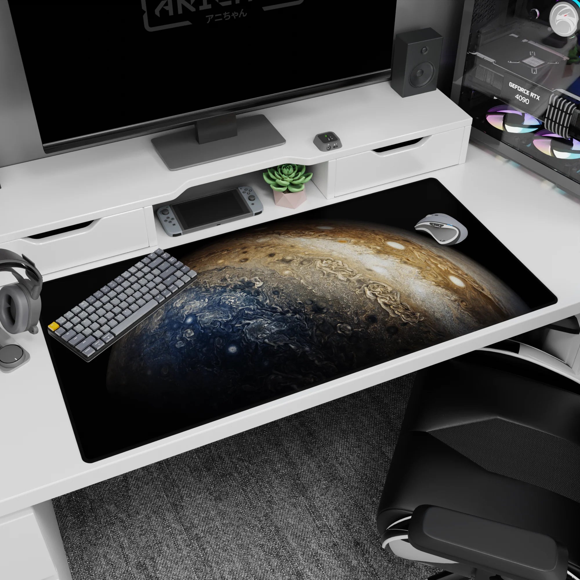 Planet mid-spin scene desk pad with Jupiter-like bands and oval storms, 40x20 inches.