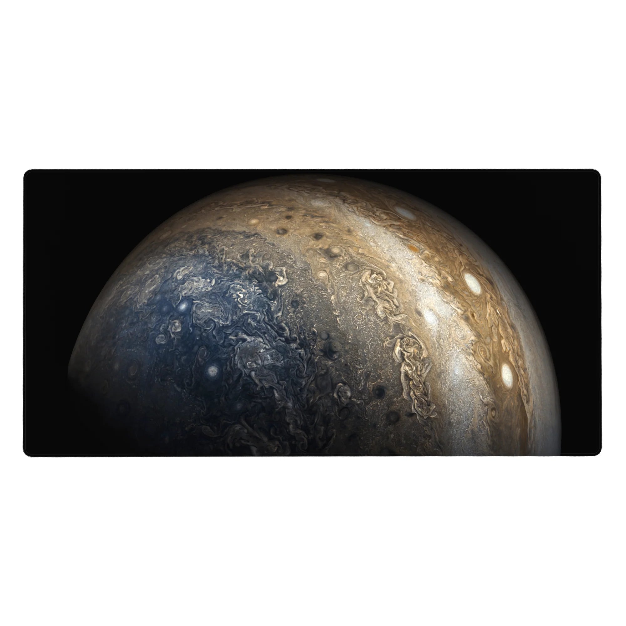 Jupiter-inspired deep space desk pad, stormy swirls and tan bands, 40x20 inches.
